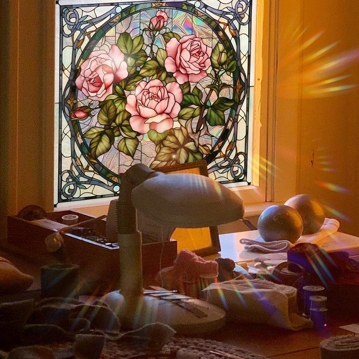 Rose Pattern Window Sticker, 2 Counts/set Double Sided Visual Window Decal, Decorative Sticker for Home Window Glass Door, Sticker Decorations, Self Adhesive Film, Floral Pattern Sticker, Window Decorations Supplies