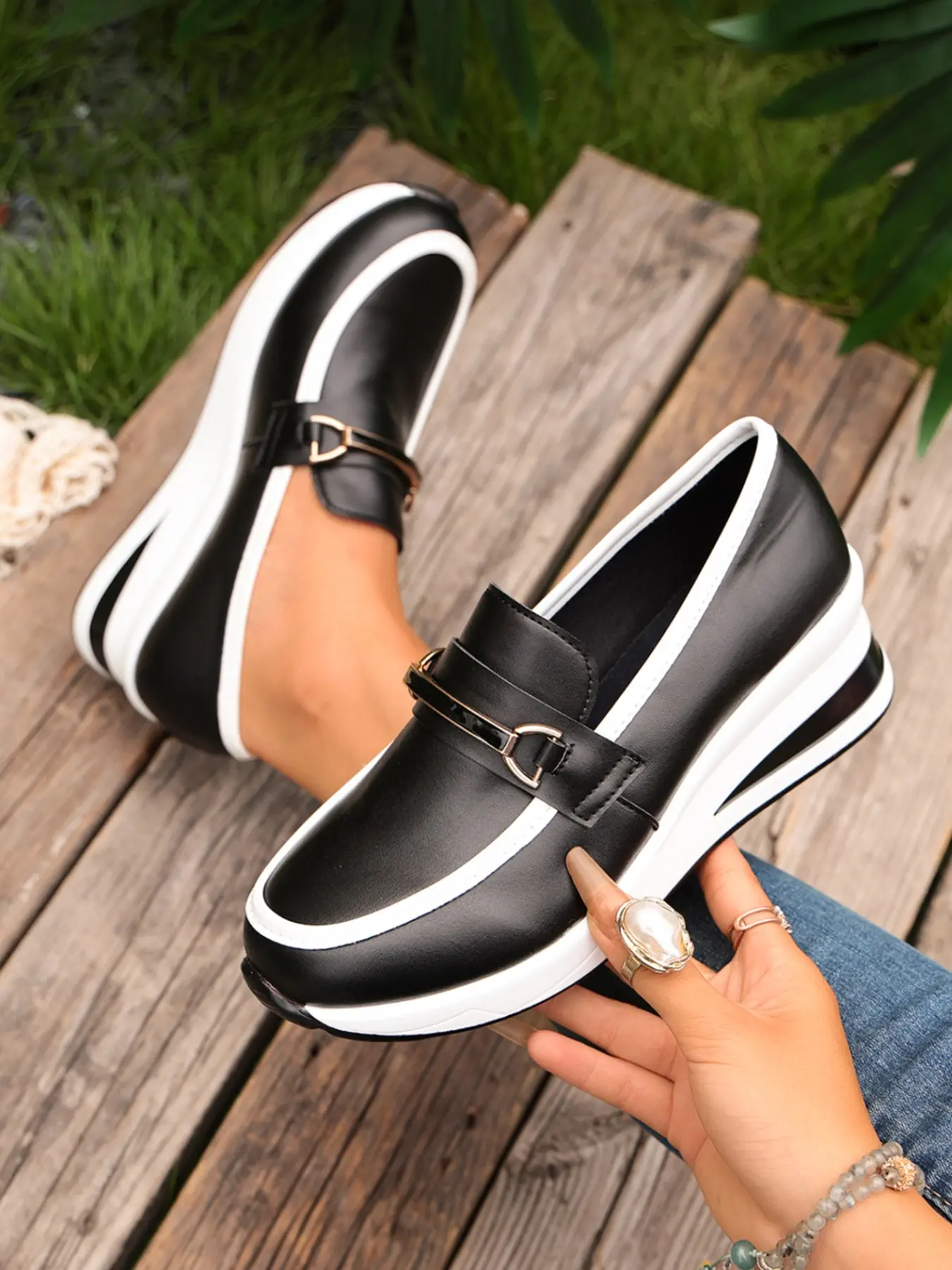 Women's Wedge Heeled Loafers, Metal Buckle Slip-On Dress Shoes, Casual All-Season PU Leather Footwear
