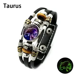 Glow-in-the-Dark Genuine Leather 12 Zodiac Bracelet, Adjustable 6.9in-8.1in Strap, Vintage Wrap Design Constellation Horoscope Jewelry, Ideal Gift for Astrology Enthusiasts (Unisex), Y2K