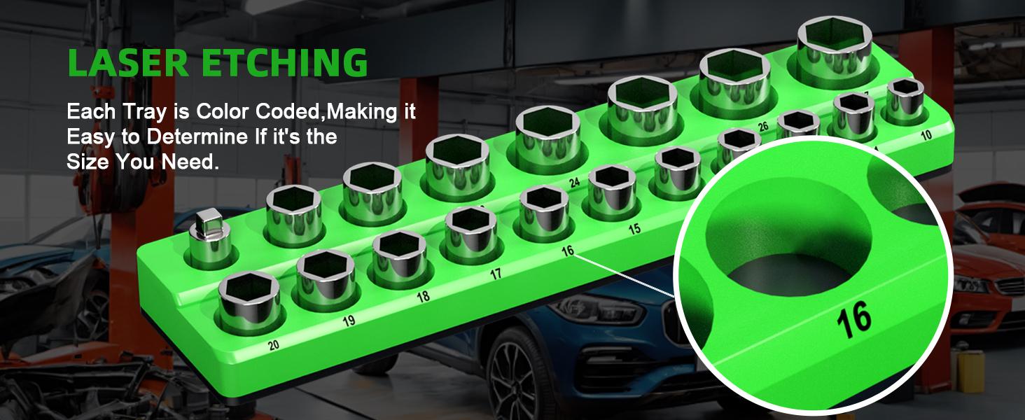 Magnetic Socket Organizer Holder Set For Tool Box Drawer, Toolbox Organization Including 1/4", 3/8" and 1/2" Drive Metric SAE Socket Trays (Sockets are not Included)