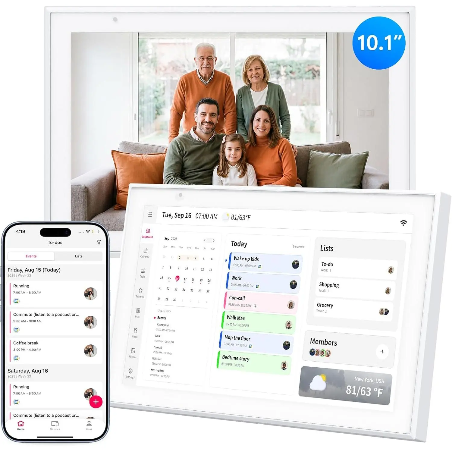 Digital Calendar 10.1 Inch, 2026 Touchscreen Family Planner, White | No Subscription, Chore Chart, Meal Planner, Shared Schedules, App Sync,  System, Photo Frame