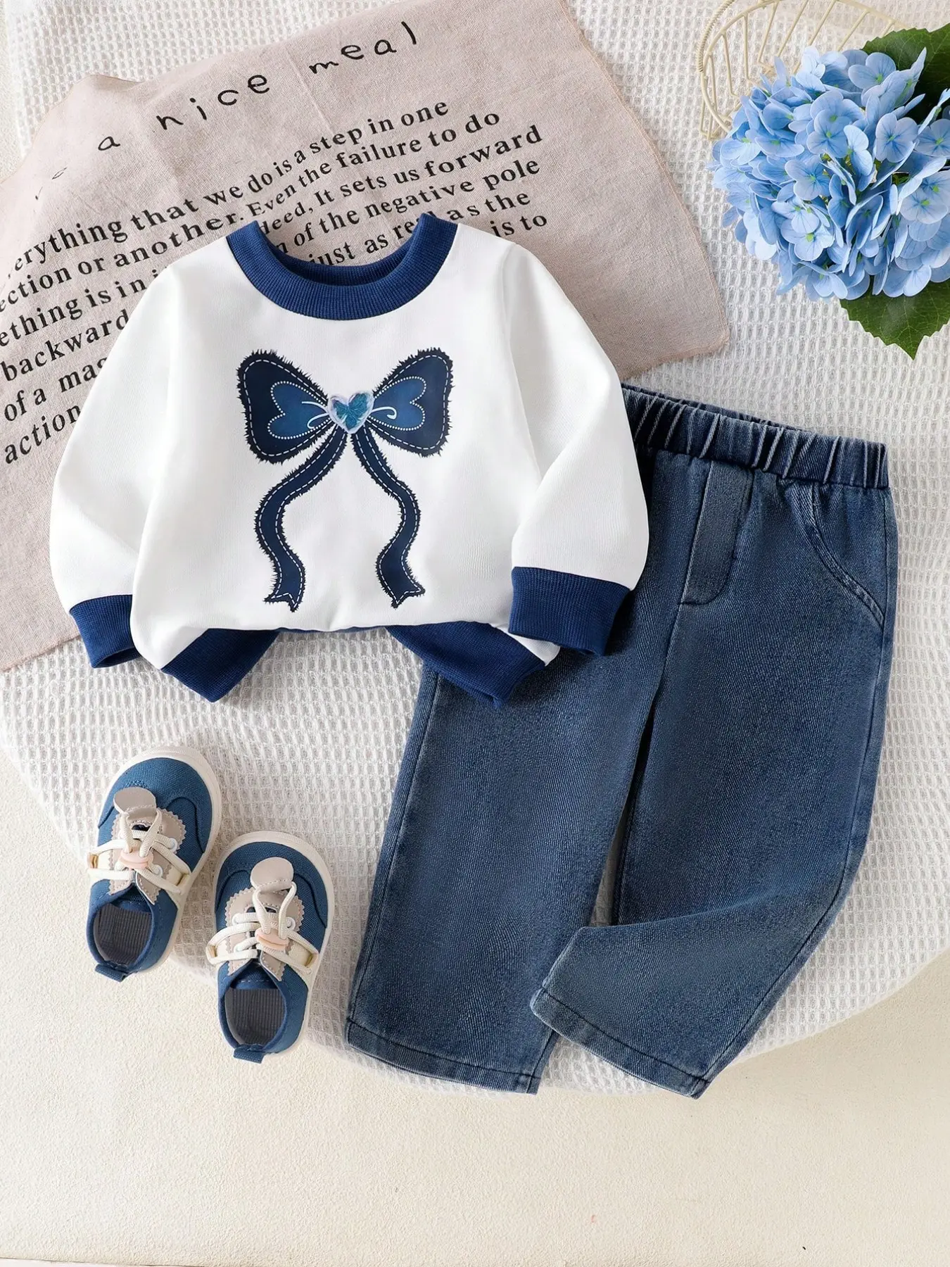 Baby Girl Spring Fall Fashion Set, Floral Ruffle Crew Neck Long Sleeve Top, Elastic Waist Straight Leg Jeans Pants, Cute Loose Fit Suit Baby Girl Clothes