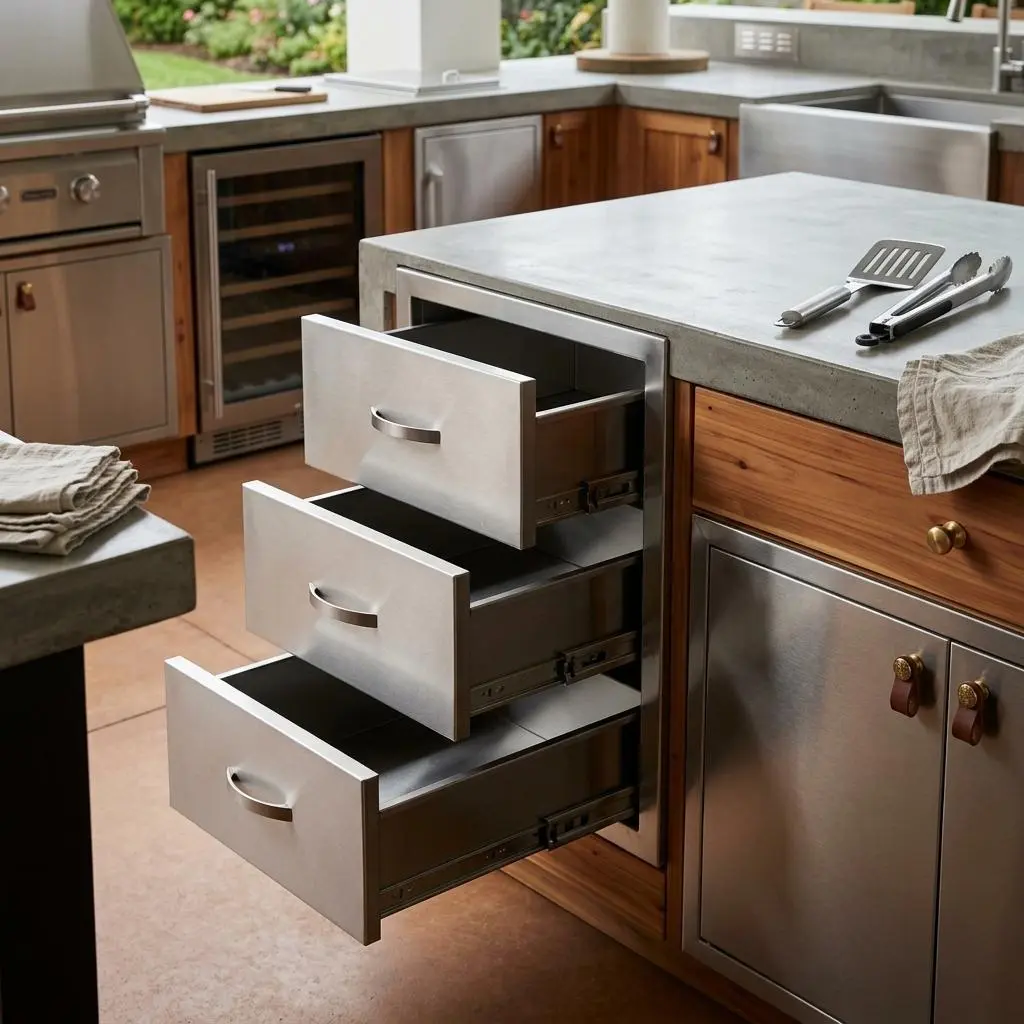 Weatherproof Stainless Steel Outdoor Kitchen Drawer Unit - 3-Drawer BBQ Cabinet with Soft-Close - Flush Mount Storage for Grill Island or Patio Station - 14"W x 23"H x 21"D