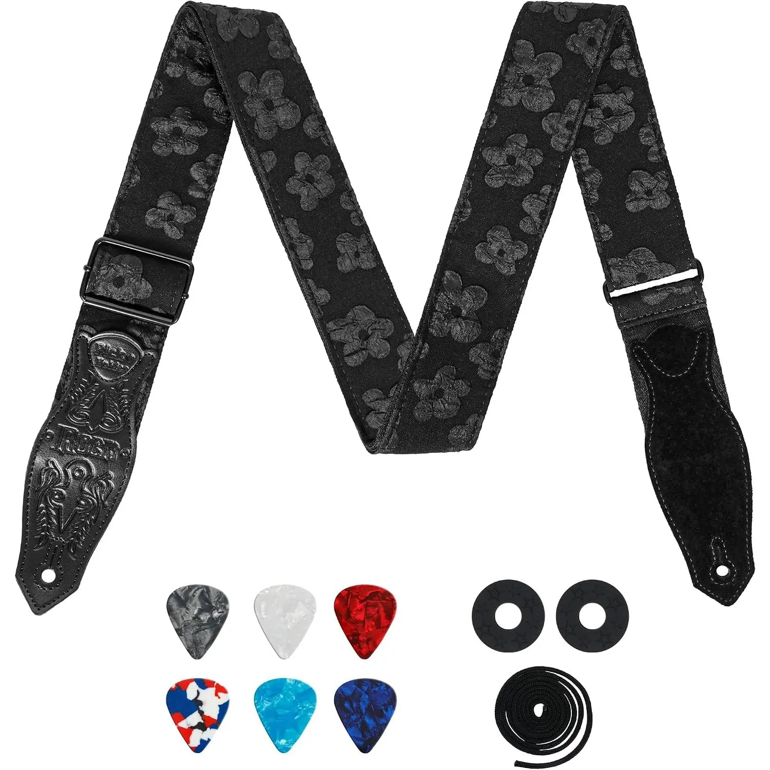 Guitar Strap Adjustable 38-62" Woven  for Electric Acoustic Bass,Retro Jacquard with Leather Ends Picks Locks
