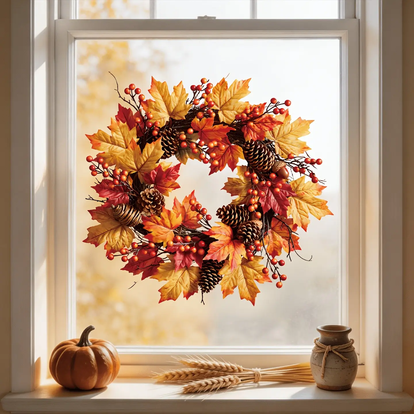 Thanksgiving Autumn Decoration, Gradient Maple Leaves, Plump Berries, Pinecones, Harvest Wreath, Fall Decorative Centerpiece