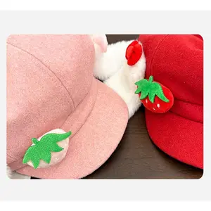 Cute Plush Ears Strawberry Patch Berets Cap Y2K Spring and Autumn Travel Fashionable Versatile Sweet Painter Hats for Woman