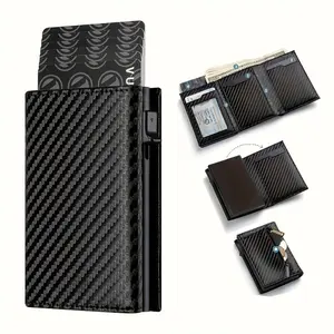 Men Carbon Fiber Minimalist Business Wallet, Automatic Eject RFID Blocking Metal Card Holder with Zipper Coin Pocket, ID Window & Cash Compartment for Daily Work Travel