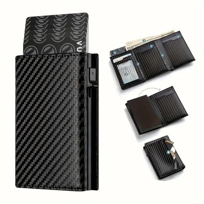 Men's Business Carbon Fiber Wallet, Minimalist Pop-Up Metal Card Holder with RFID Blocking, Zipper Coin Pocket & ID Window, Mens Wallet, Men's Minimalist Wallet