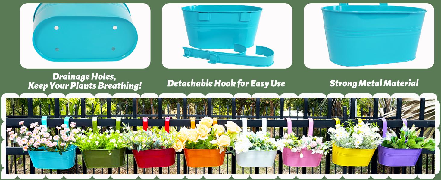 2 Pack Planter for Plants, 10 Inch Black Fence Planters Railing Pots for Balcony, Flower with Detachable (Black, 2Pcs)