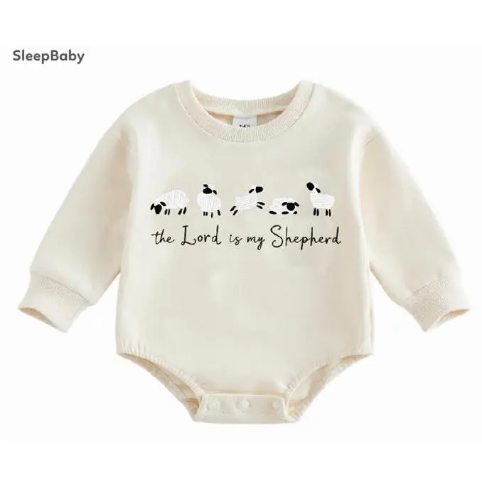 Baby Long‑Sleeve Romper, Sheep‑Embroidered “the Lord is my Shepherd” Faith‑Theme Sweatshirt Onesie, Soft Casual Bodysuit for Infant Boys Girls