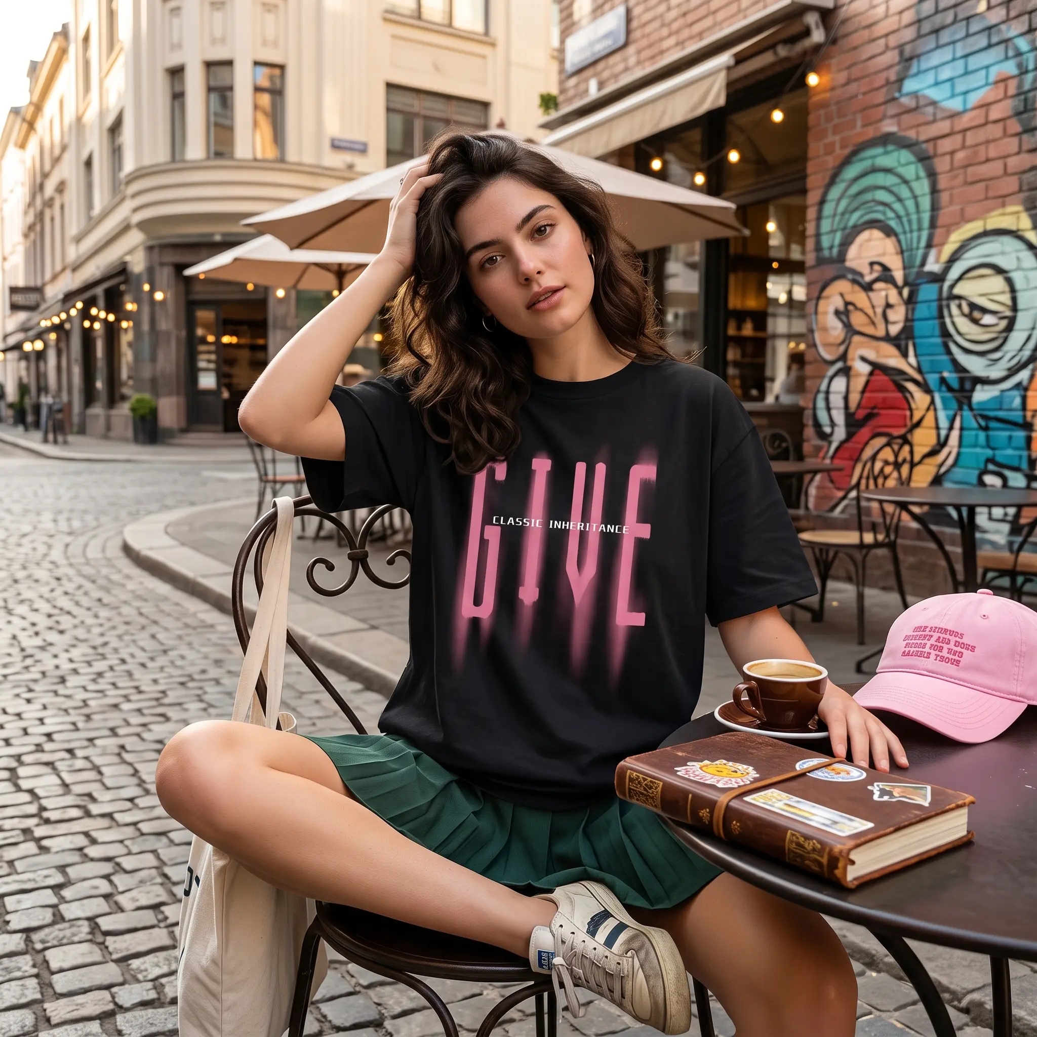 Blurry Pink Gradient "GIVE" Spray Paint Graphic Oversized White T-Shirt Faded Airbrush Drip Letter "Classic Inheritance" Crew Neck Casual Tee Loose Drop Shoulder Soft Cotton Aesthetic Women’S Short Sleeve Top Hazy Mist Spray Font Trendy Streetwear Minimal