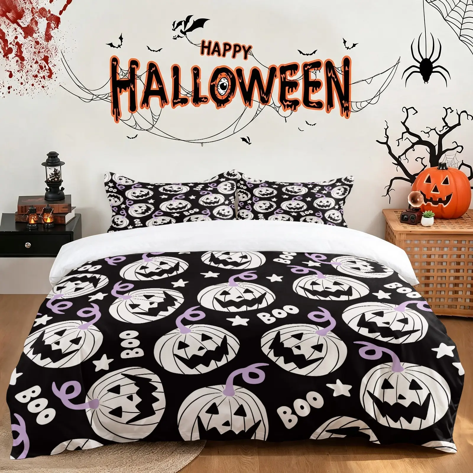 Halloween Themed Duvet Cover Set, Soft Breathable Skin-Friendly White Pumpkin Boo Star Black Pattern Bedding Decor, Holiday Bed Set (1 Duvet Cover + 1-2 Pillowcases) for Adults & Teens Bedroom