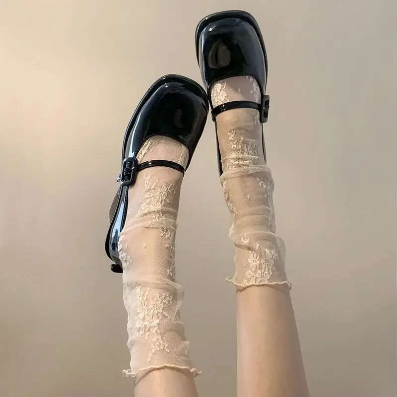 Women's Lacy Mary Jane Calf-Length Socks, Hollow-Out Mesh Slouch Hosiery for Summer, Ultra-Thin, 1 Size
