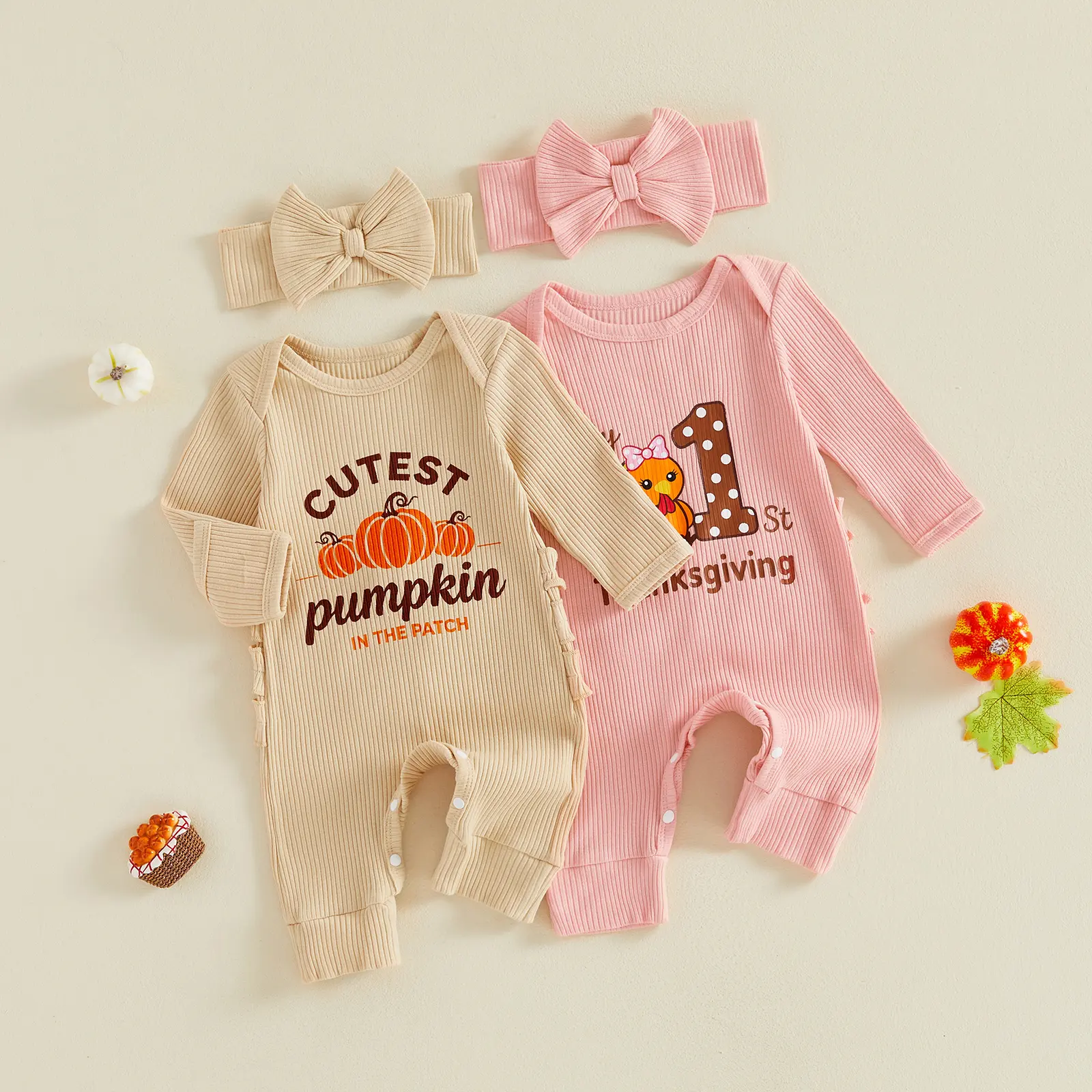 Newborn Baby Girl Thanksgiving Outfits Pumpkin Print Jumpsuit with Headband Set Fall Winter 0-6 Months
