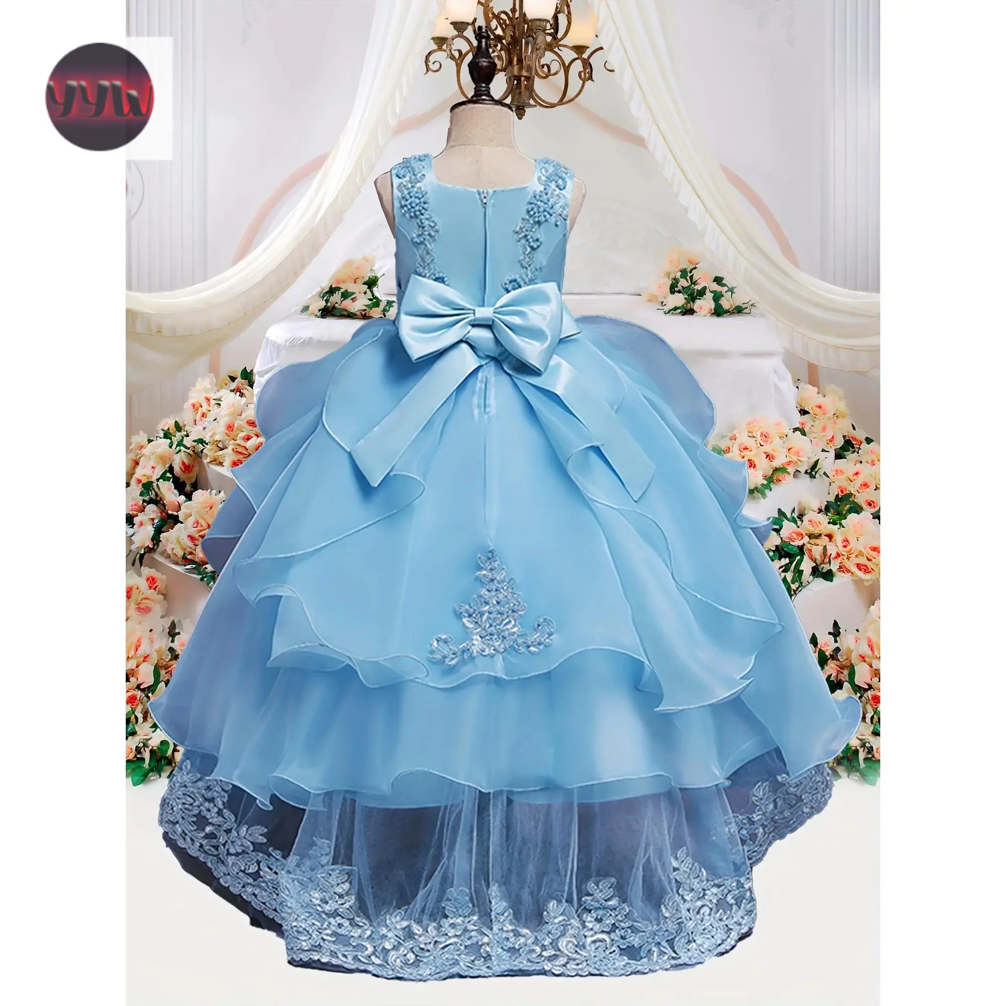 YYW1 Girls' Elegant Blue Princess Tulle Long Gown - Sleeveless, Round Neck, Regular Fit, Polyester Blend, Floral Embellishments, All Seasons, Princess Look, Ideal for Weddings, Pageants