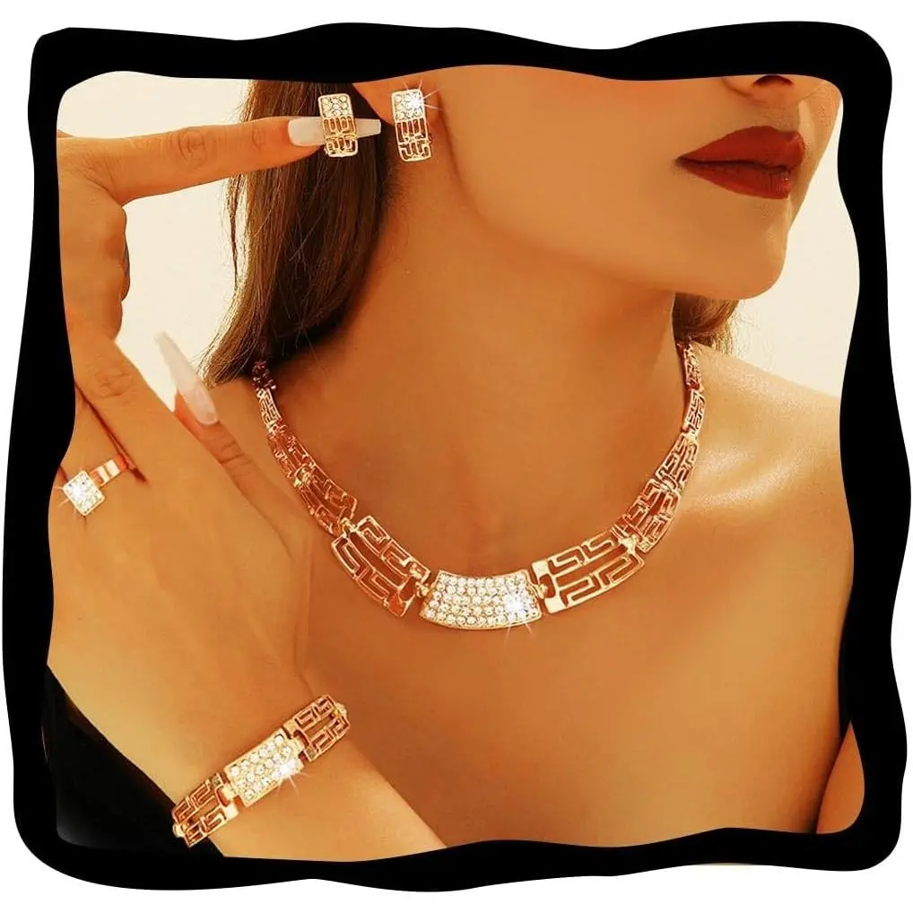 Choker Necklaces  Sets Wedding Rhinestone Earrings Bracelet Ring Set for Women Formal