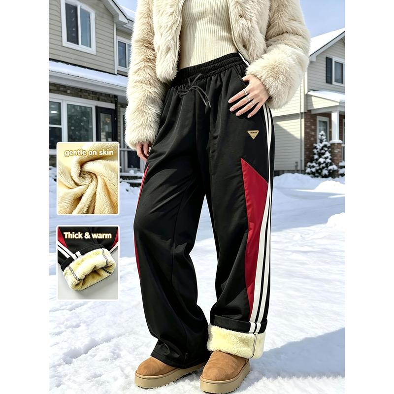 Women's Wide-Leg Fleece Joggers, Cozy Streetwear with Side Stripes, Thick Warm Fleece Lining & Gentle-on-Skin Feel, Winter Style for Snowy Streets
