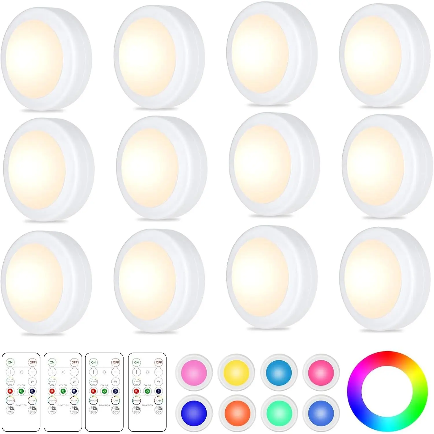 12 Pack LED Puck Lights Remote Control 16 Color Changeable Under Cabinet Lights, Battery Operated Lights Night Light with Dimmer & Timmer for Closet Bedroom Kitchen, White