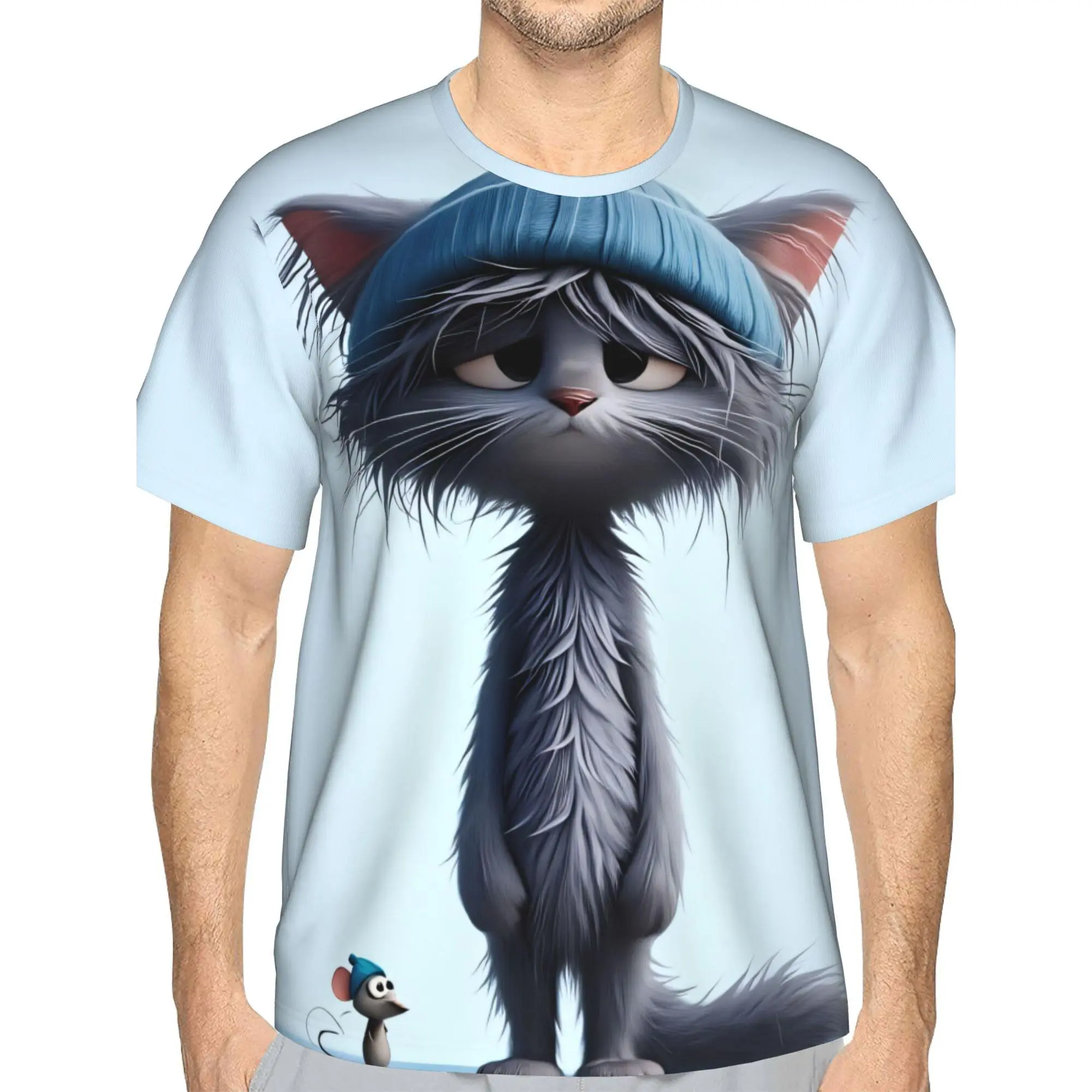 Men's 3D Digital Printed Short-Sleeve Knit T-Shirt - Whimsical Fluffy Gray Cat and Mouse Graphic, Lightweight Breathable Polyester Round Neck Menswear Top for Daily Casual Summer Wear, Tshirt, Shortsleeve, Fabric, Stretch, Animal Face Graphic Men's Short-