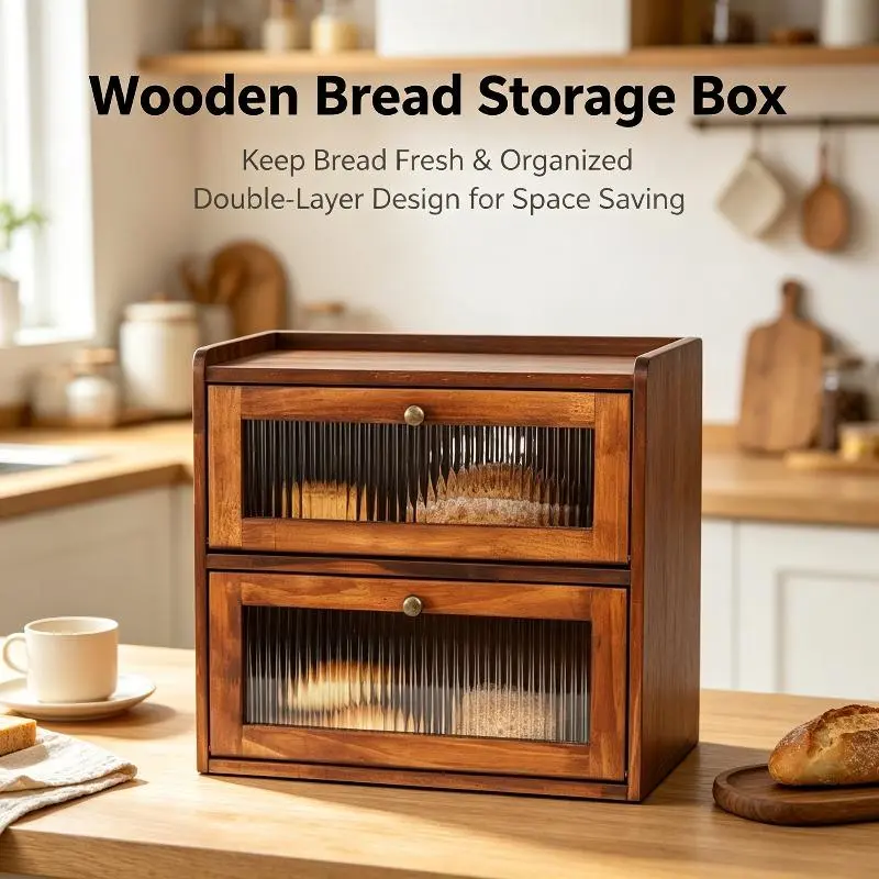 Two-Tier Flip Top Solid Wood Bread Storage Bin | Dual Layer Keep Bread Pastry Fresh Block Dust | Household Kitchen Counter Homemade Baking Storage | Premium Solid Wood Flip Sealed Double Compartment Design | Compact Dust-Proof Bakery Snack Storage Box
