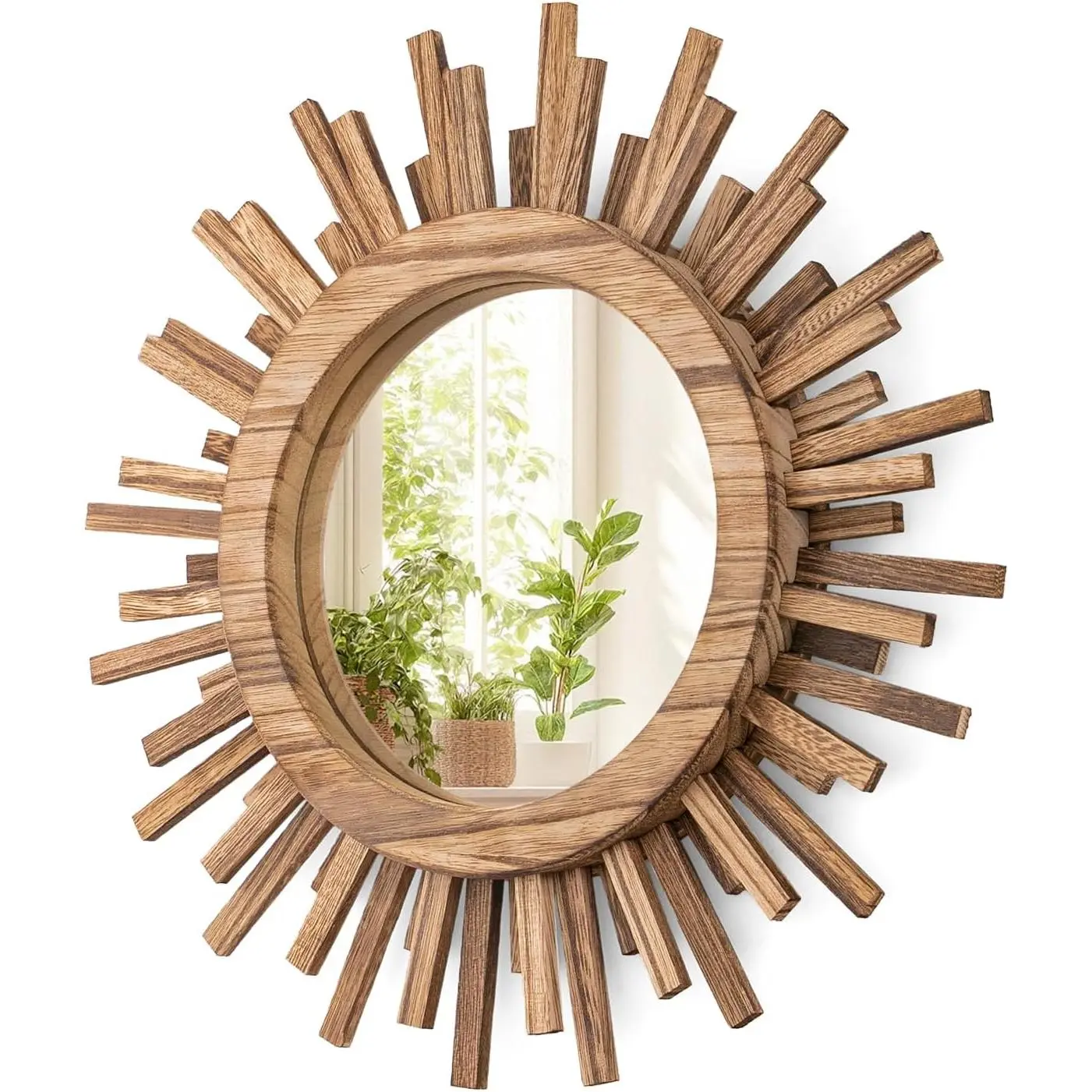 12 Inch Boho Sunburst Mirror, Round Wooden Wall Decor Starburst Sun Mirror for Bedroom, Living Room, Bathroom, Hallway, Balcony, Farmhouse Entryway, Housewarming Gift(Rustic Brown