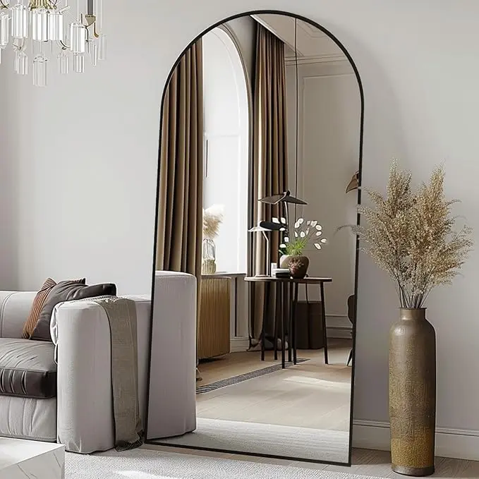 21"x64" inch Arched/Right Angle Full Length Mirror Full Body Floor Gold Mirror Standing Hanging or Leaning Wall,Arch Wall Mirror with Stand Aluminum Alloy Thin Frame for Bedroom Cloakroom,16"x59" Inch Black Full-Length Mirror with Explosion-Proof HD Glass