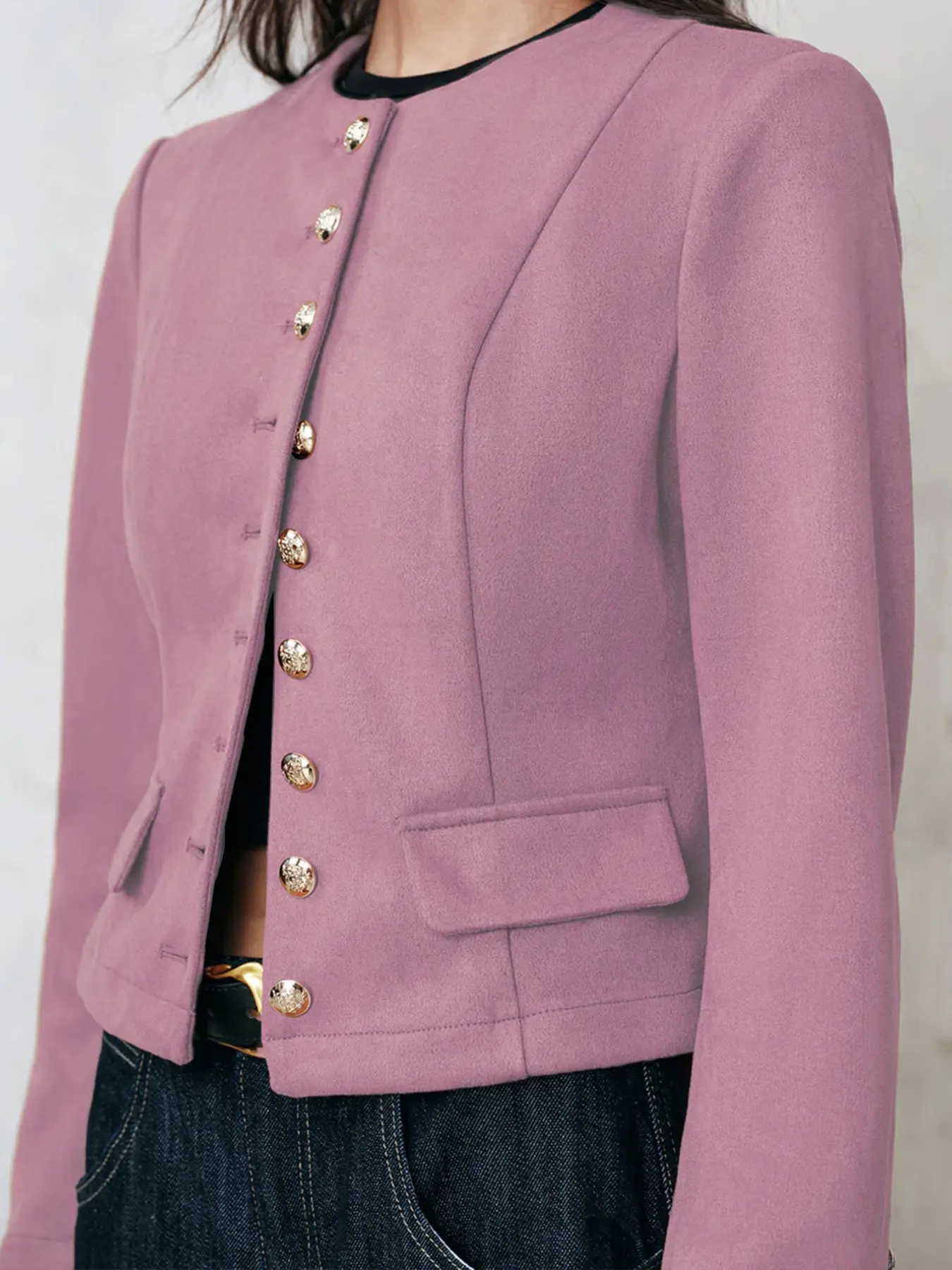 Spring Autumn Short Blazer Jacket for Women, Loose Fit Casual Round Neck Solid Color Commuter Fashion Versatile