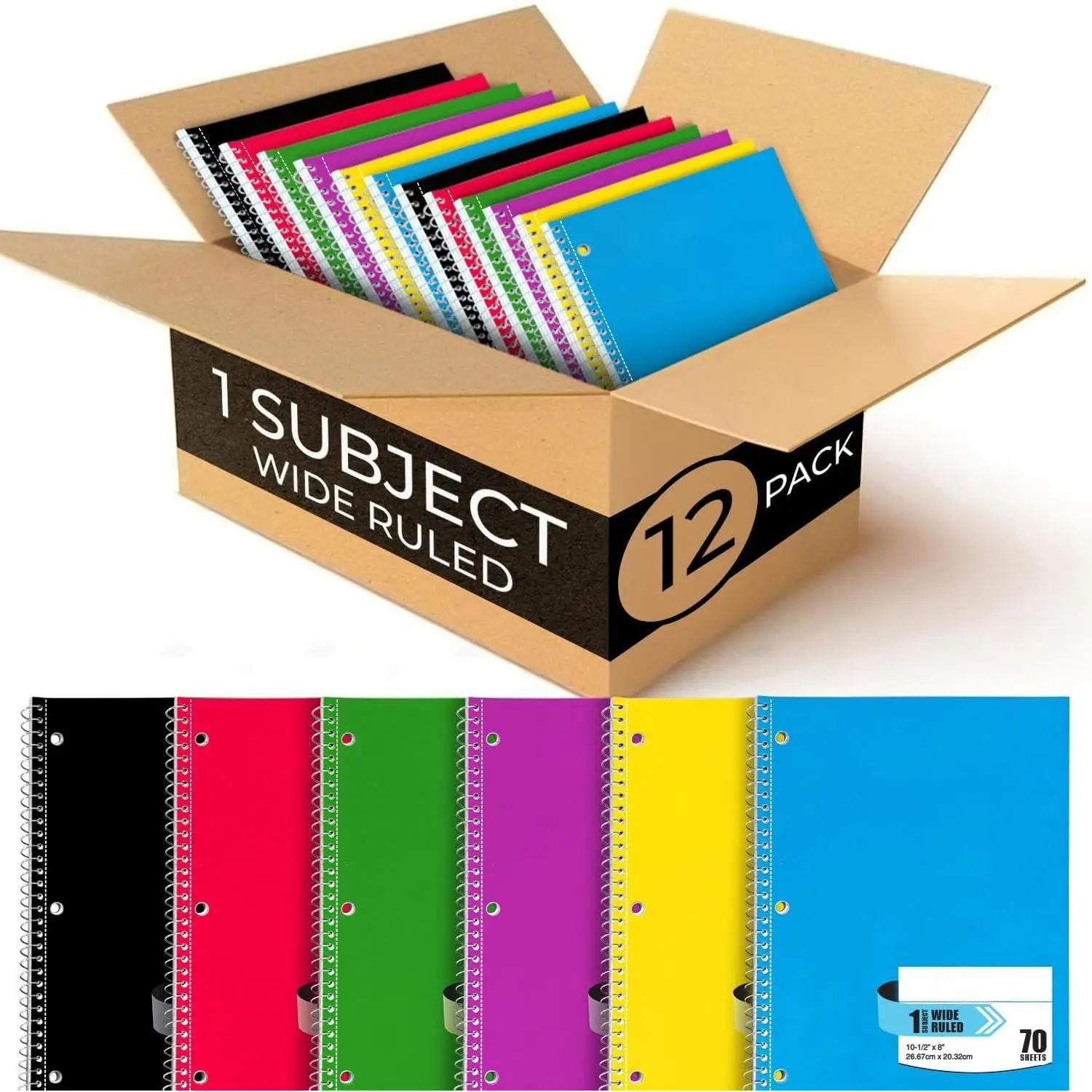 12 Pack Spiral Notebooks, 1 Subject Notebook, Wide Ruled,  | Bulk Wide Ruled Notebooks For School, 70 Sheets (140 Pages), 8 x 10-1/2", 3 Hole Punched, Single Subject Spiral Notebook Bulk