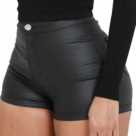 Women's High-Waisted Faux Leather Shorts - Matte Slim-Fit Design - Comfortable Stretchy Fabric - Tummy Control