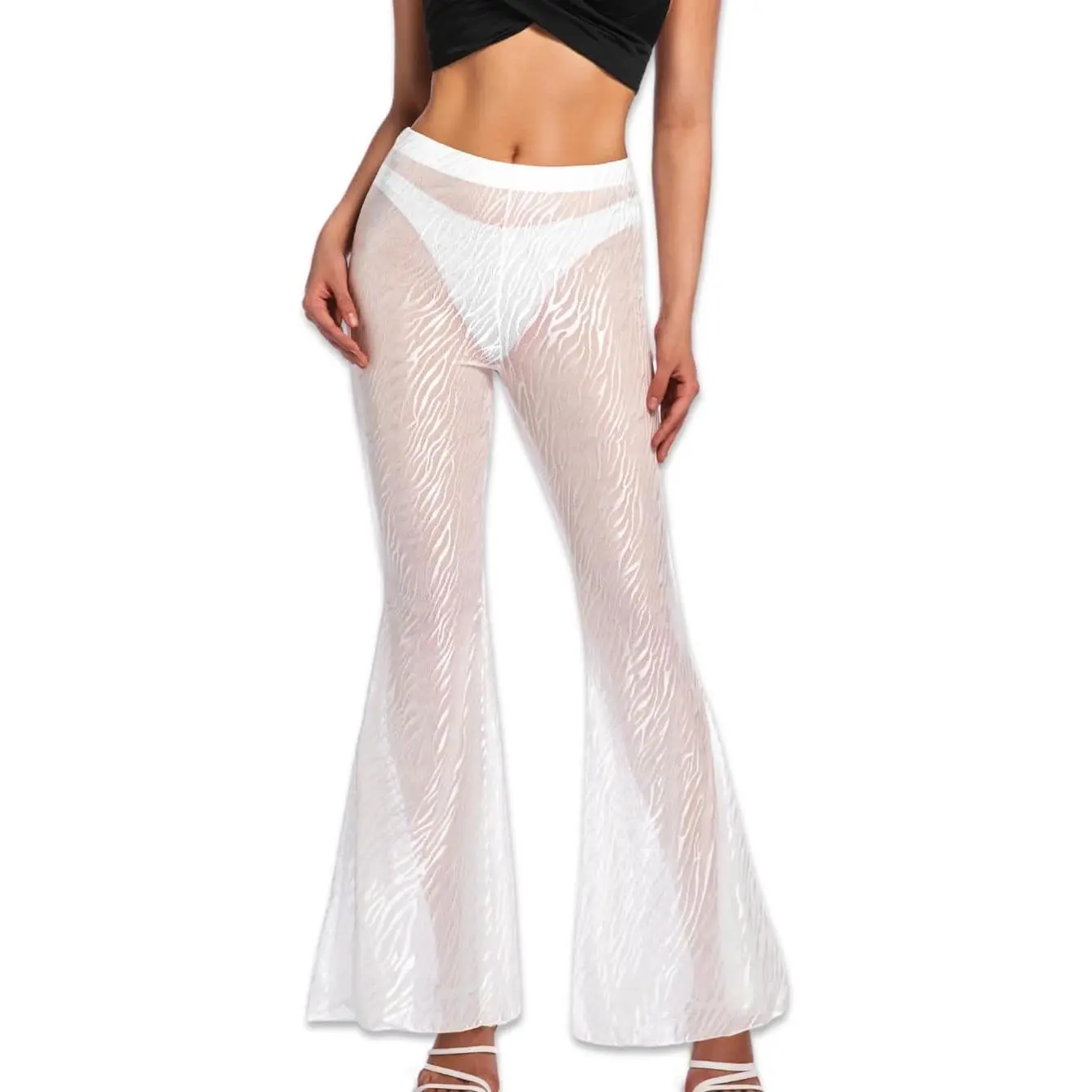 EHSUYAB Women's Striped Shimmer Mesh Flare Pants - Sheer See-Through Bell Bottom Leggings, Clubwear Party Beach Bathing Suit Cover Up (Zebra Pattern), High Waist