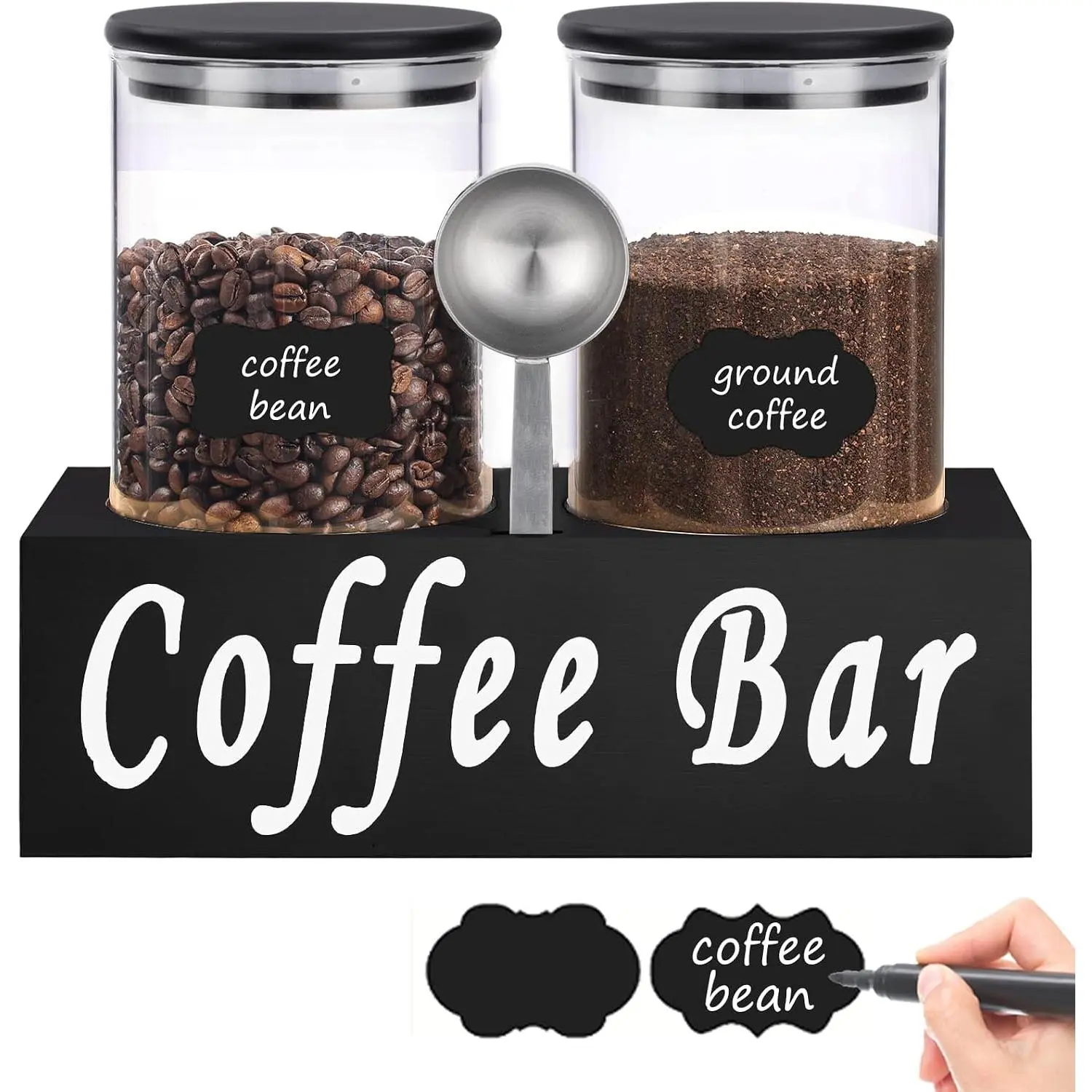 Rustic Modern Black 2 count Small 44oz Coffee Storage Jars with Shelf, 2 count 1.295L Airtight Glass Coffee Containers, Coffee Canisters,  Storage Jars