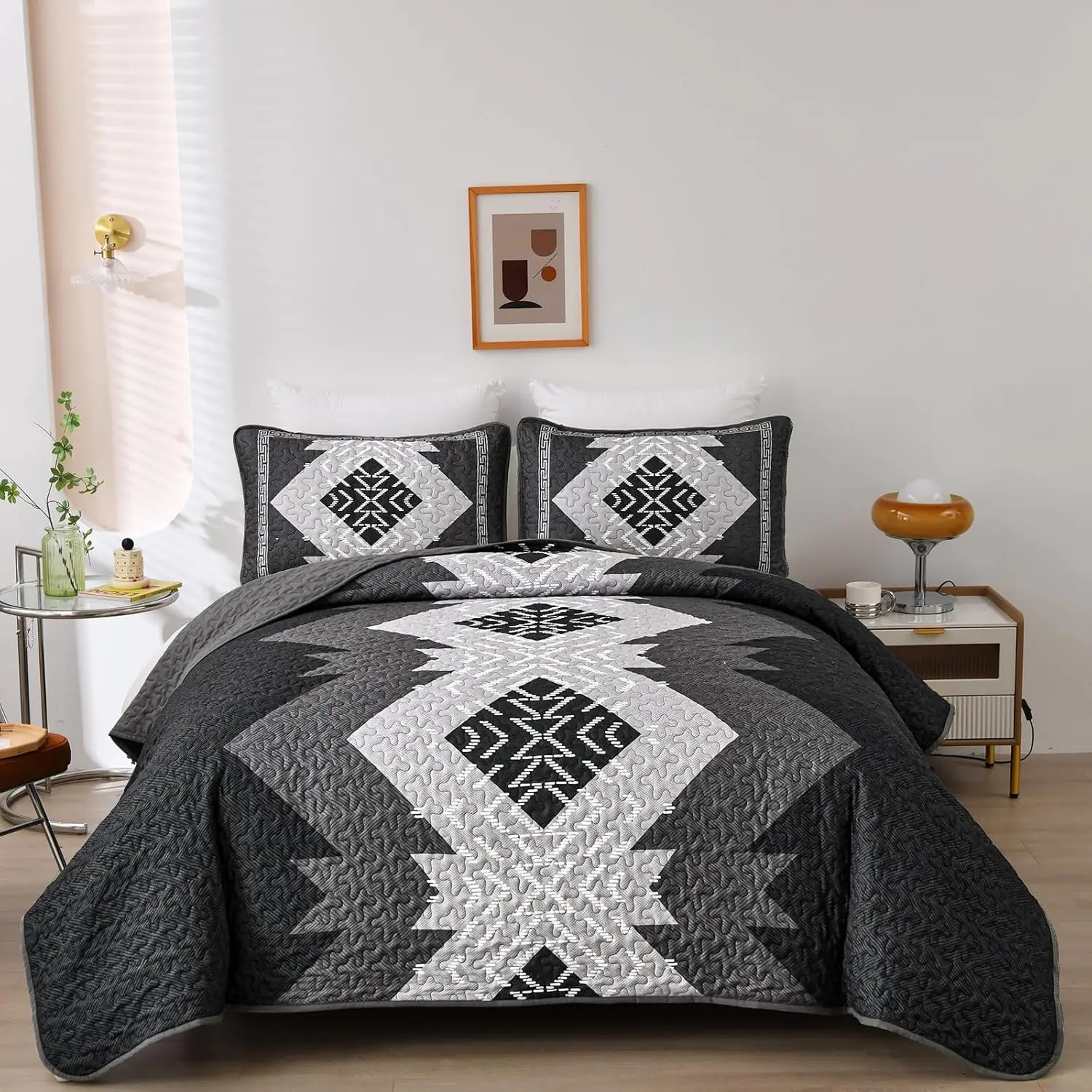 Boho Queen Set 3 Pieces Black Grey Aztec Texture Bedspread Coverlet Set Bohemian Bedding Set Microfiber Lightweight Bed Cover for All 90"*96"