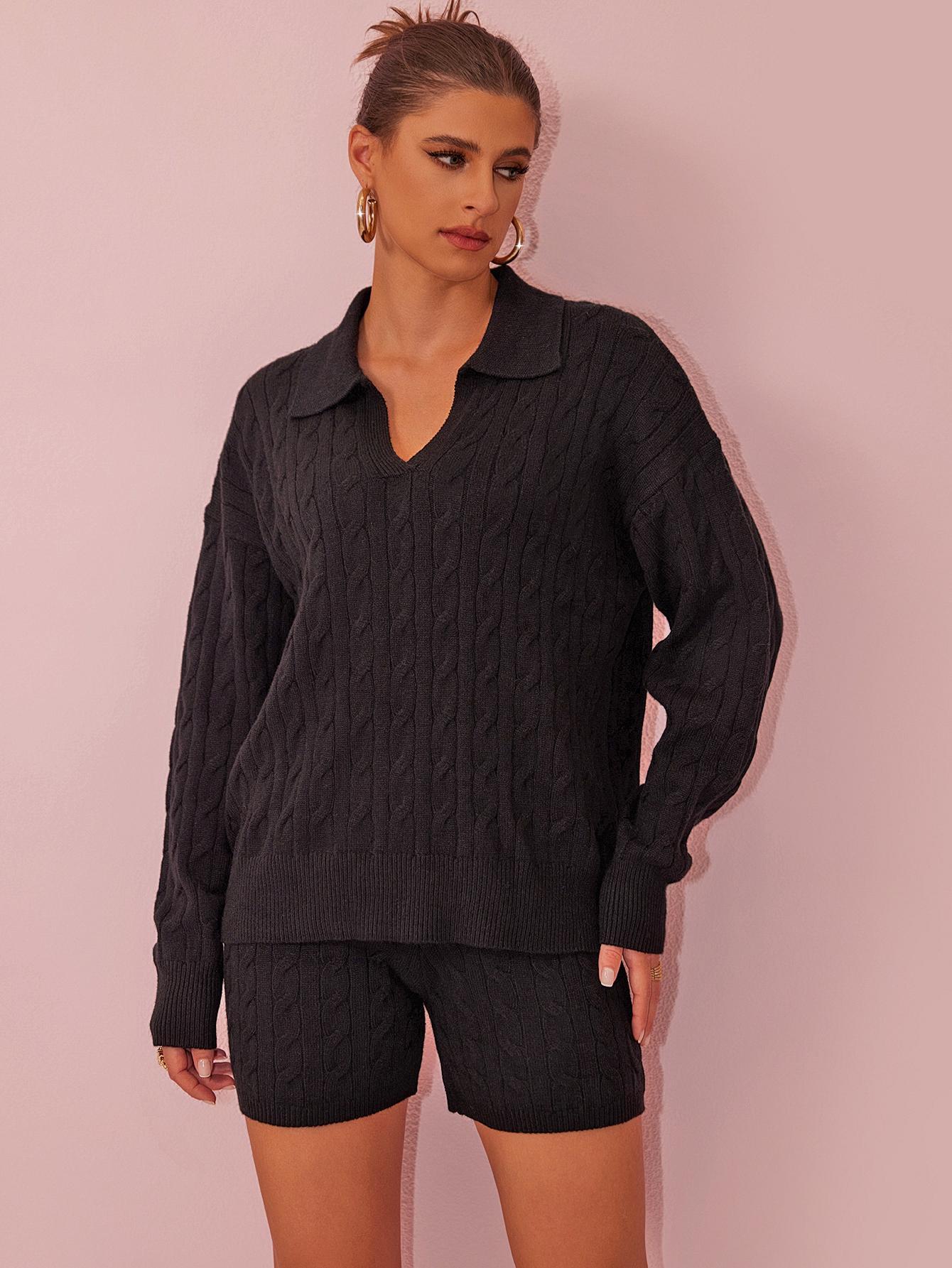 Joyfunear Women's Knitted Three Piece Set with Collar Sweater and High Waist Shorts&High Waist Pants Joyfunear Women's Knitted Three Piece Set with Collar Sweater and High Waist Shorts&High Waist Pants