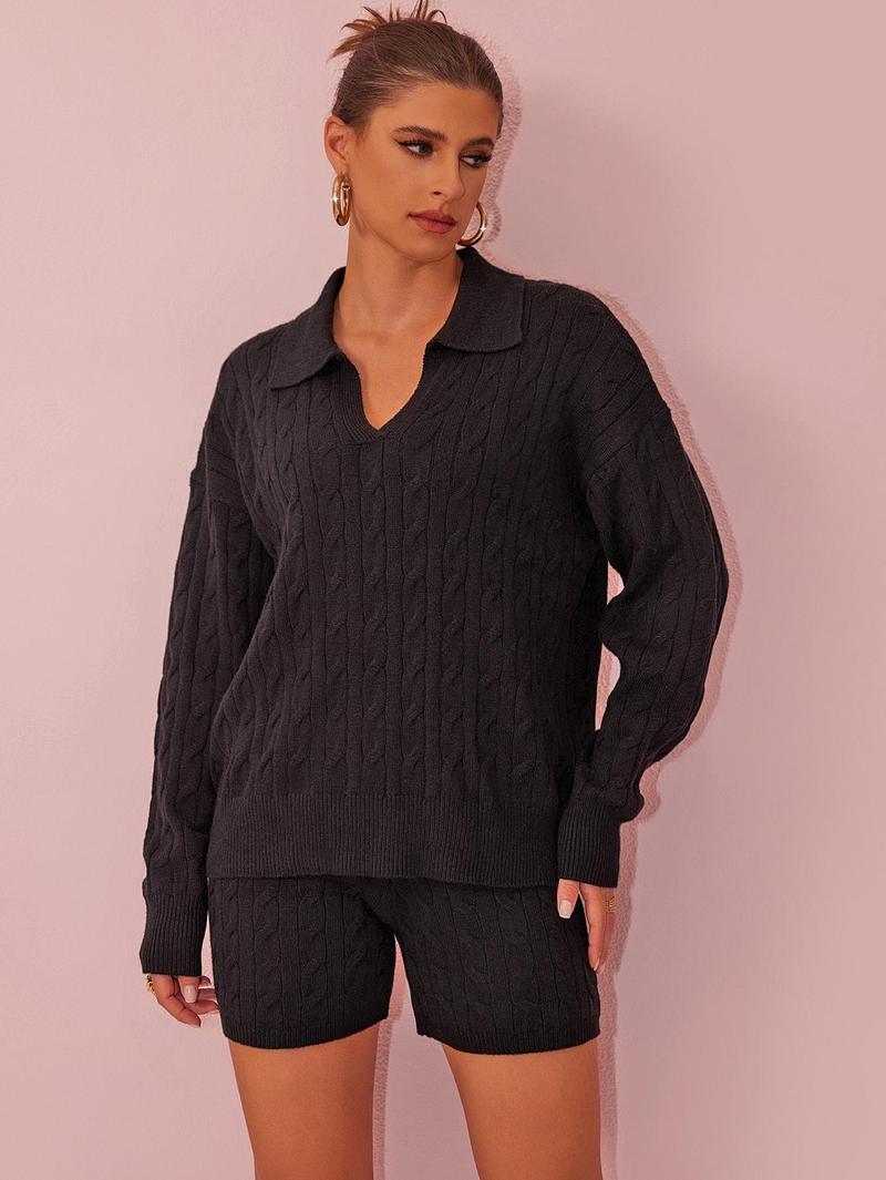 Joyfunear Women's Knitted Three Piece Set with Collar Sweater and High Waist Shorts&High Waist Pants