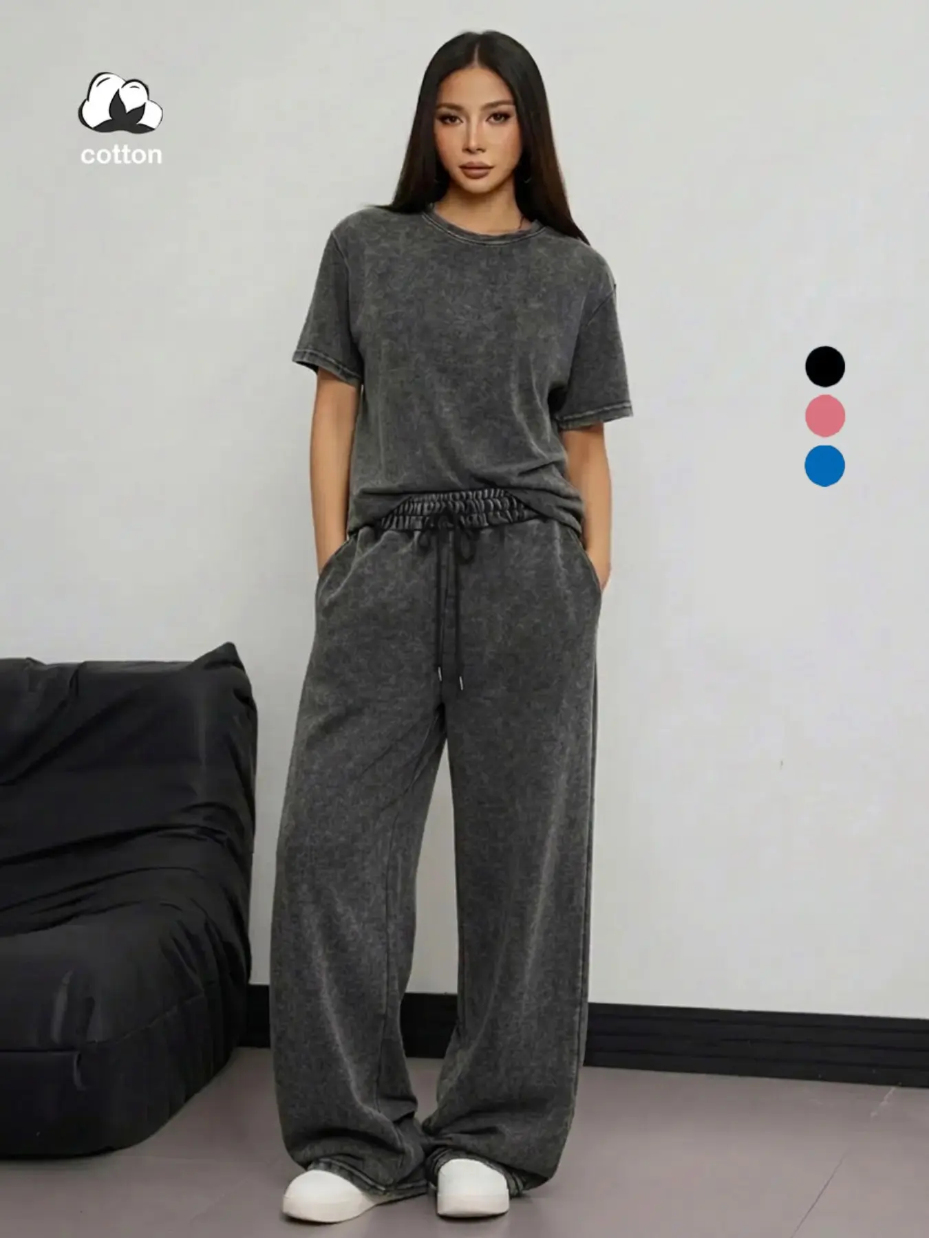 1-Piece Set: Distressed Washed Loungewear Set (American Casual Style) – Available in Multiple Colors. Features Drapey Wide-Leg Pants + Loose-Fit T-Shirt. Perfect for "Hot Girl" / Everyday Looks.