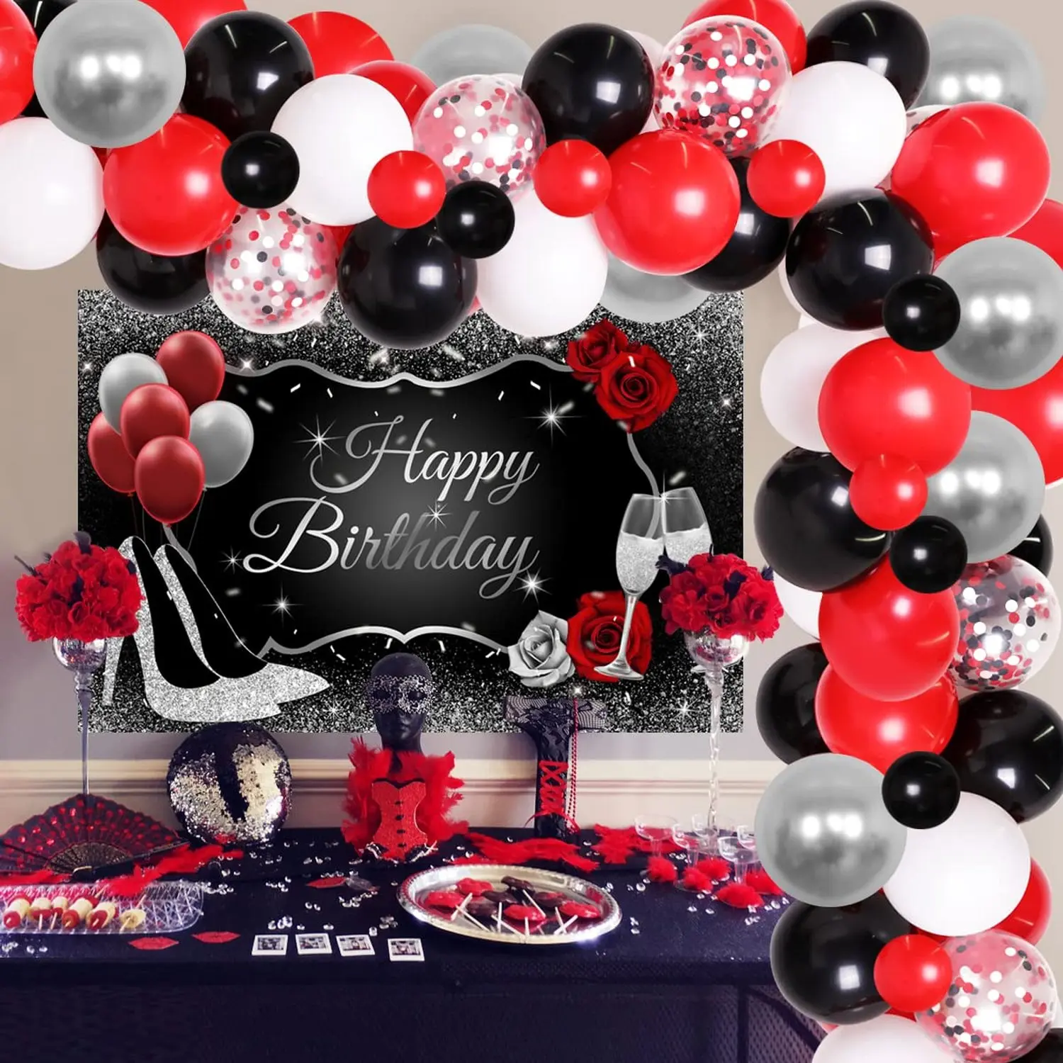 1Set Red Black and Silver Party Decorations for Womens Birthday Party Supplies  Red Black Silver Balloon Garland Happy Birthday Backdrop High Heels Champagne Glass Background