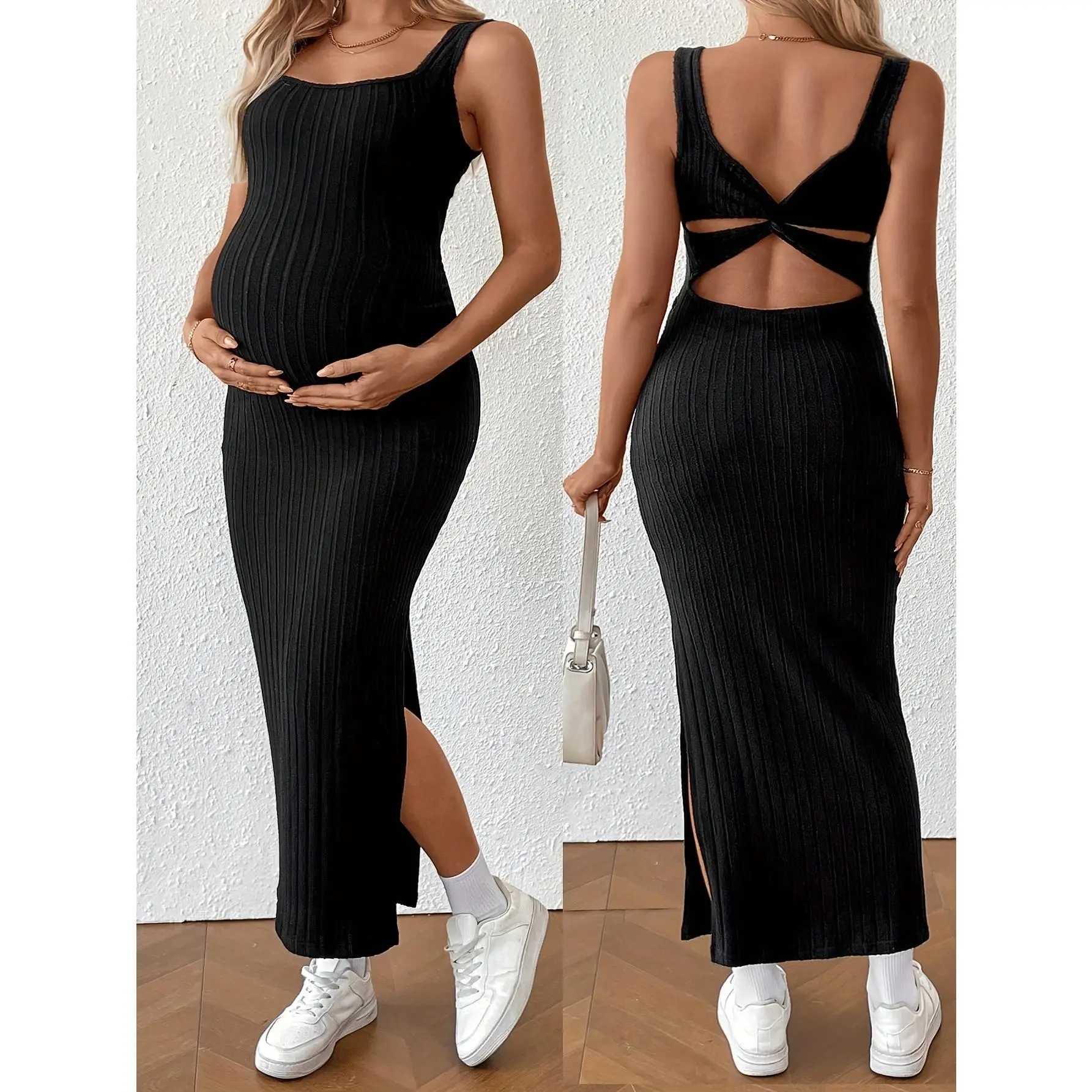 square,neck,plain,,vacation,dresses,vacay,Maternity Sleeveless Dress - Solid Color Twist Back Split Hem Pregnancy Dress Suitable for Summer, Machine Washable Prenatal Wear for Hospital Visits, Ultrasound Appointments & Casual Outfits (C,stylish,maxi dress