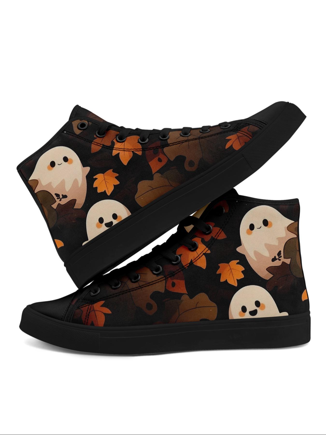 Women's Halloween Themed Lace Up Sneakers, Cartoon Ghost/Skull & Floral & Butterfly Print High Top Canvas Shoes, Casual Comfortable Lightweight Athletic Sports Shoes for Daily Wear