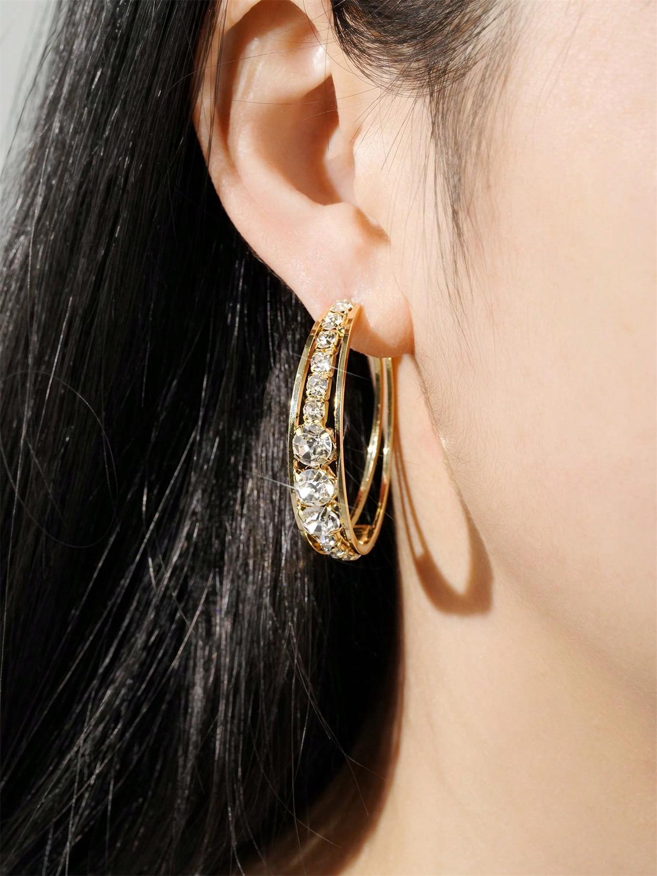 Fashion Rhinestone Decorated Hoop Earrings, Dainty Lightweight Hoops, Elegant Women's Anniversary Wedding Party Accessories, Minimalist Romantic Aesthetic Jewelry Gift for Her, Dainty Fashion Jewelry, Trendy Jewelry