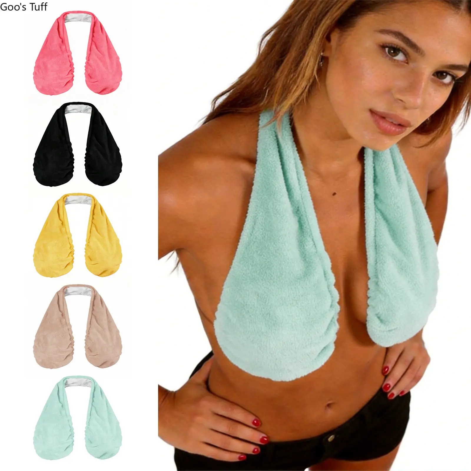 Women's Fleece Towel Bra, Adjustable Halter Neck Reusable Wrap with Ruched Detail, Quick-Dry for Spa & Sports