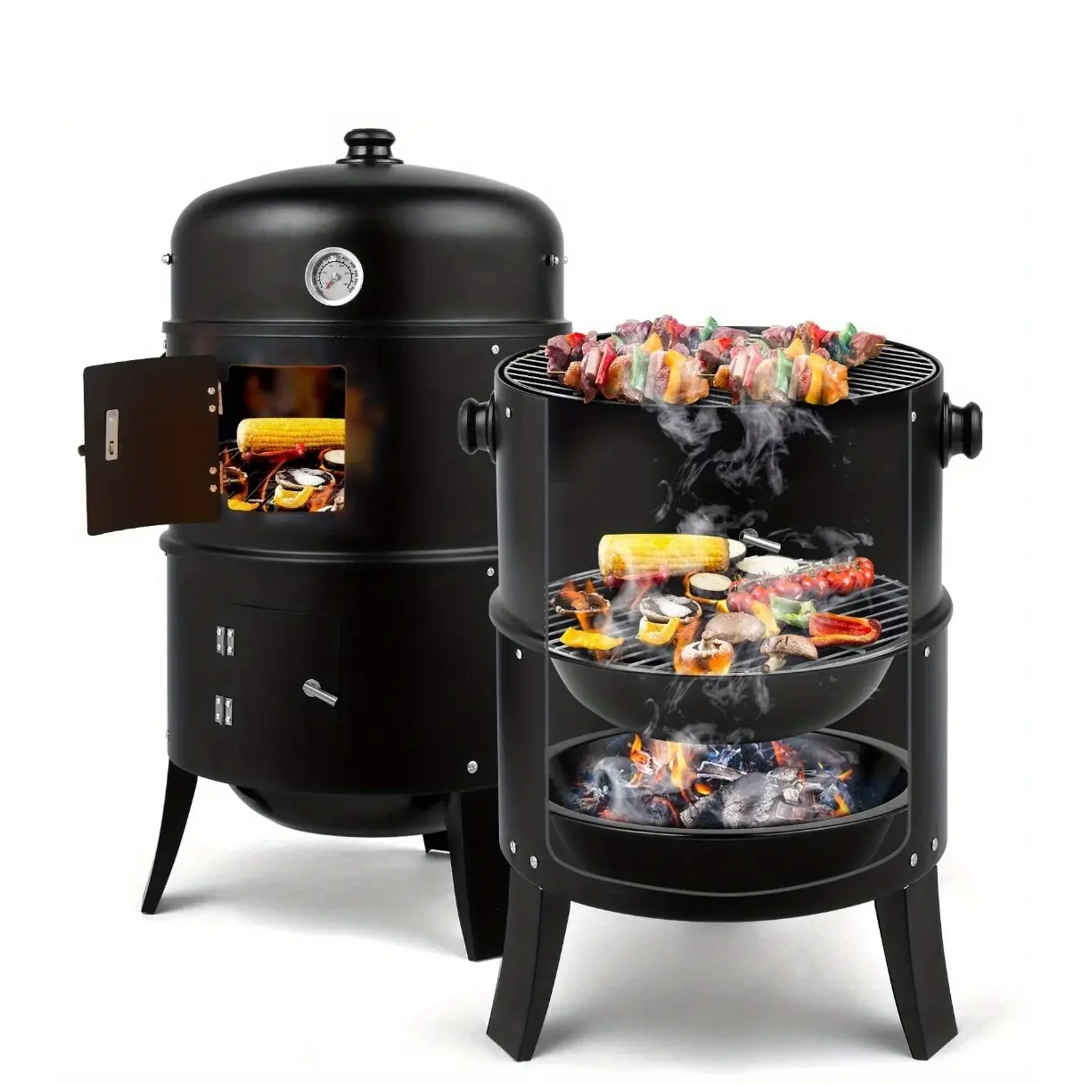 Vertical Charcoal Smoker Grill with 3 Levels, Wood Smoker Grills with Large Cooking Capacity, Easy Temperature Control, And Durable Construction - BlackPortable BBQ Grill for Camping, Outdoor Cooking, Backyard