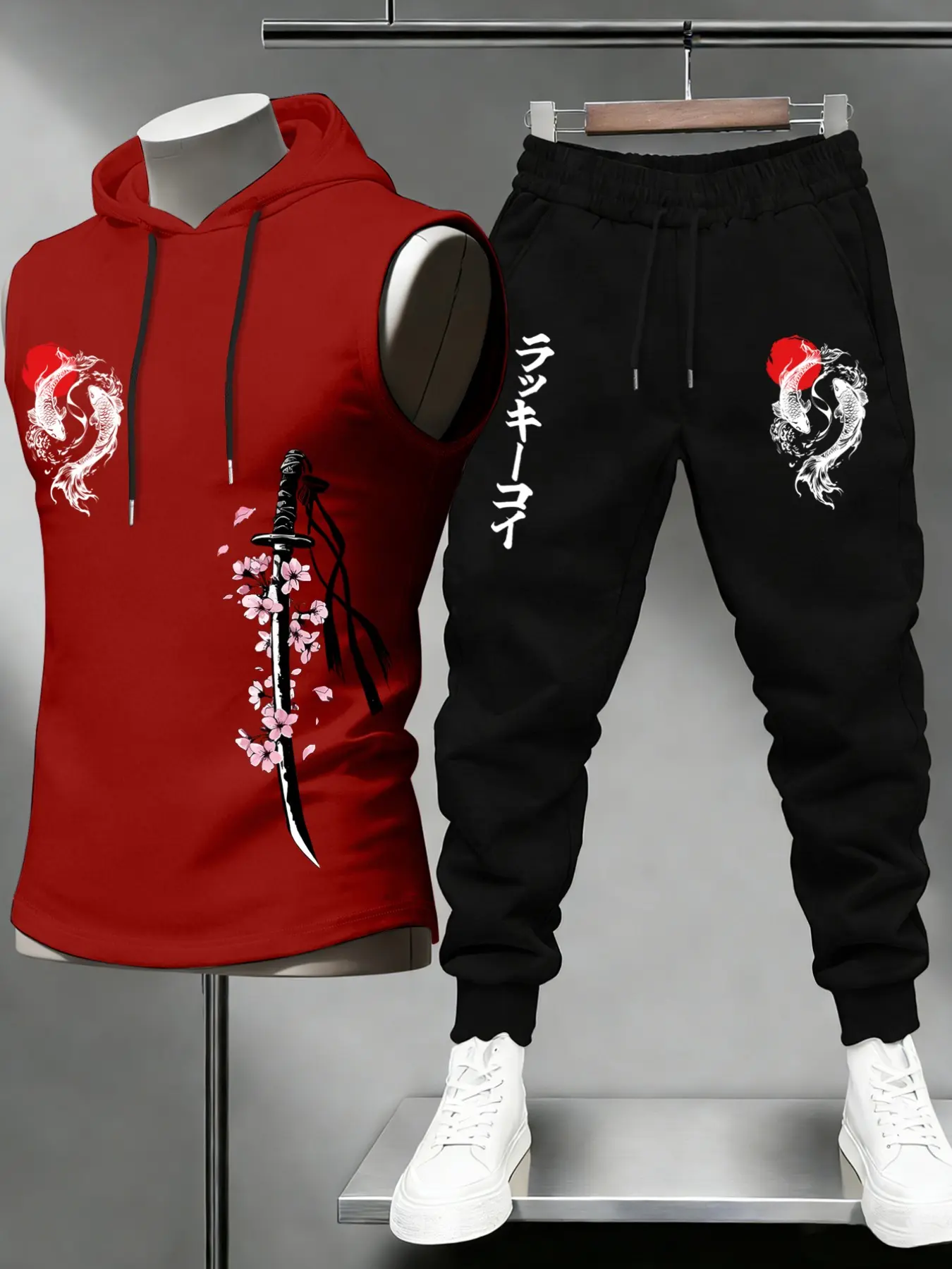 2 Piece Men Drawstring Hooded Sleeveless Tank & Jogger Pants Set Japanese Koi Fish Katana Cherry Blossom Vertical Kanji Text Matching Front Graphic Print Loose Fit Oriental Streetwear Tracksuit For Daily Hip Hop Casual Urban Outfit#viraloutfits#fyp