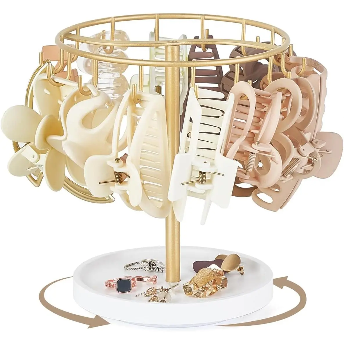 360 Degree Rotating Claw Clip Organizer, Metal Hair Clip Holder with Wood Base and 14 Hooks Storage Display Hair Accessories Bracelets Keychains Jewelry for Girls Women Bedroom Dorm Vanity Decor