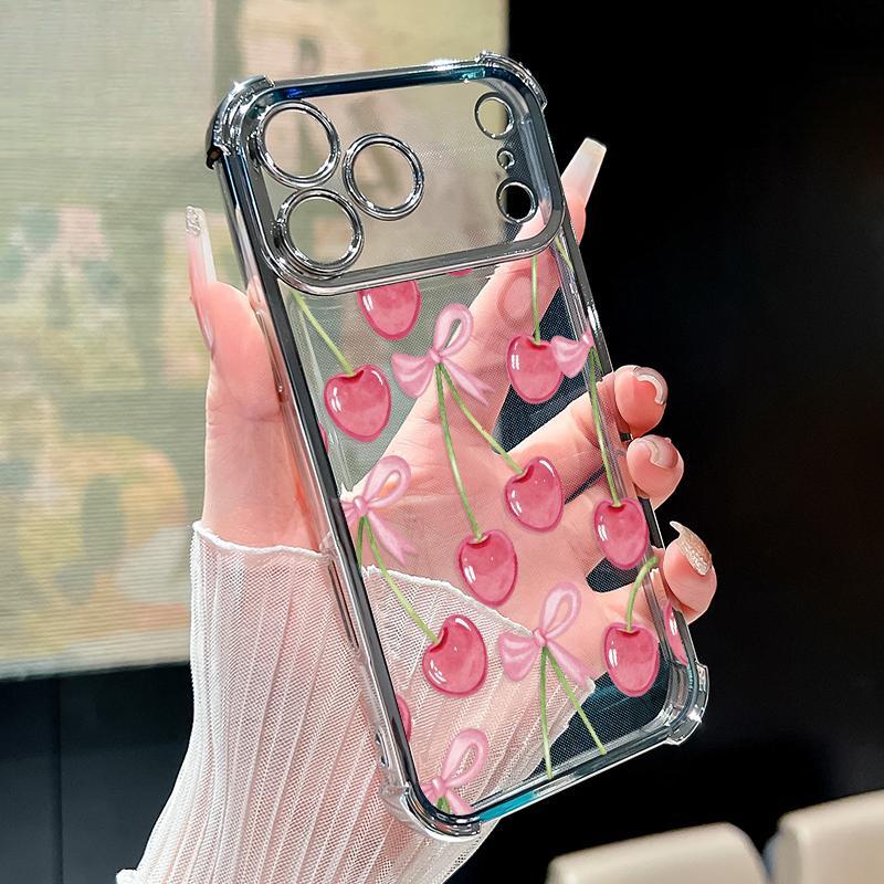 Cherry Bows Pattern Four Corner Anti-Fall Phone Case Transparent Electroplated Protective Cover for iPhone 17 Air 16 E Pro Max 15 Plus 14 13 12 11 X,Samsung and other series models, can be given as a holiday gift to friends or family