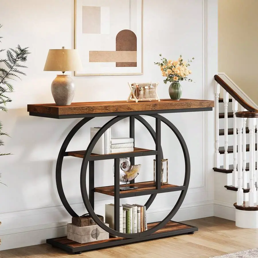 41.3" Console Table, Modern 4-Tier Sofa Entryway Table With Metal Circle Base, Narrow Wood Accent Tables With Storage Shelves Living Room, Hallway, Foyer, Rustic Brown