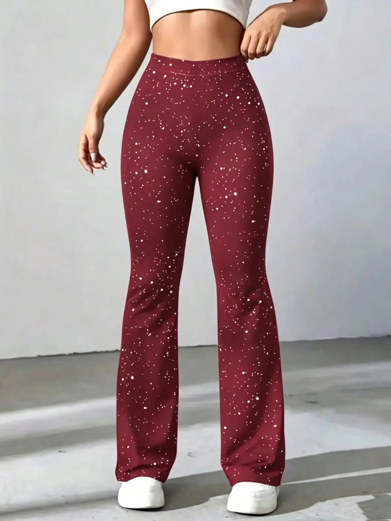 Women's High Waist Starry Glitter Micro Flare Pants, Elastic Slim Fit Sequin Bell Bottoms, Nightclub Party Daily Wear