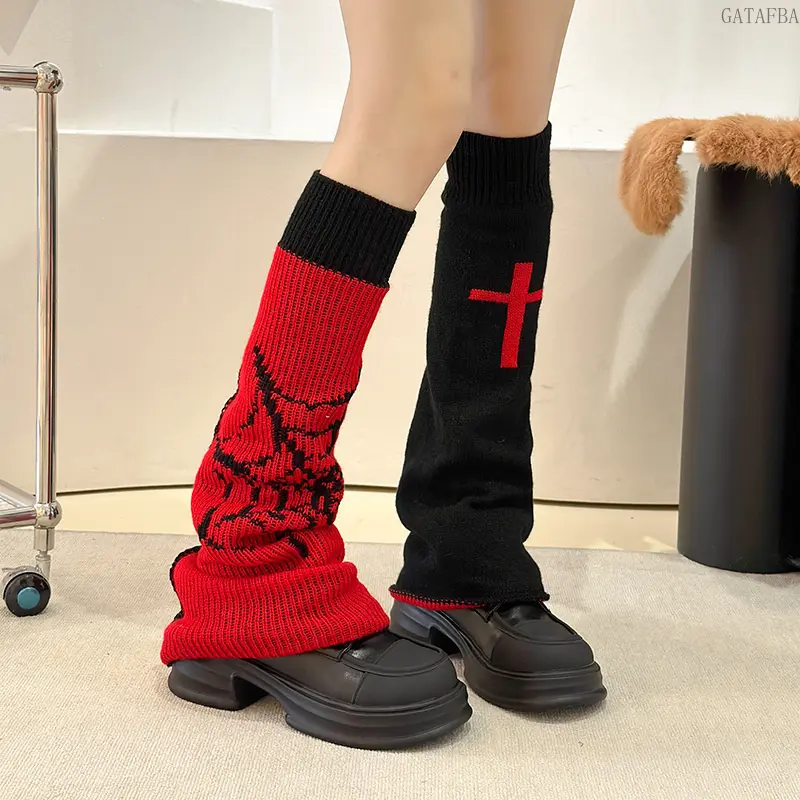 Y2K Knit Leg Warmers, Fall Mid-calf Slouch Socks, Dark Alt Calf Socks with Cross Pattern