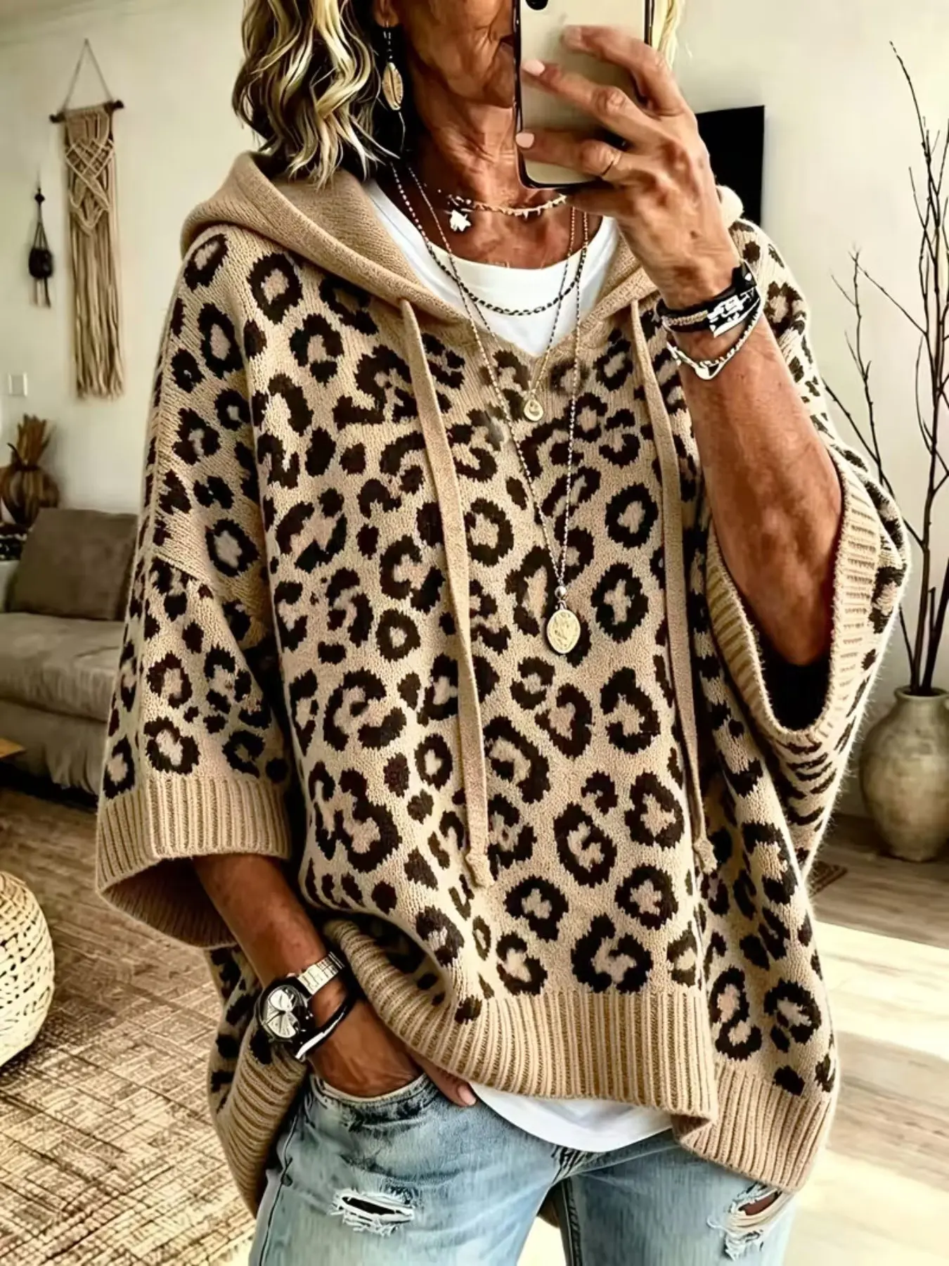 Women's Leopard Print Knit Hoodie, American Casual Boho Style, Lightweight Retro, Fall & Winter Pullover, 3/4 Sleeve, Loose Fit, Bohemian