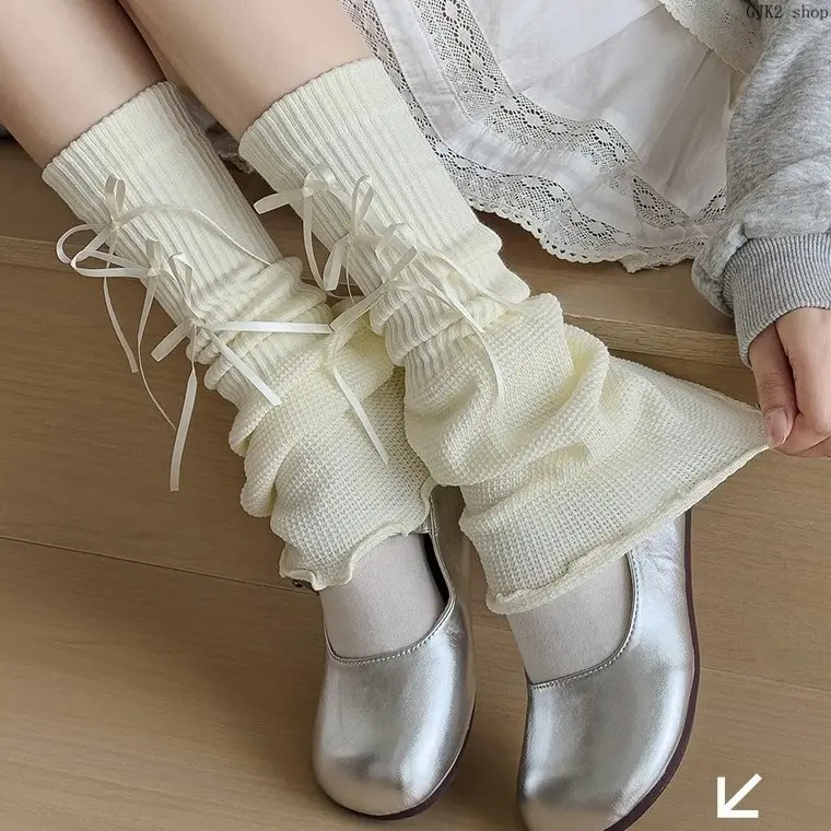 Women Cream White Waffle Knit Leg Warmers Ribbon Bow Ruffled Flared Cuff Design Soft Warm Leg Covers for School Daily Lolita Matching Outfits