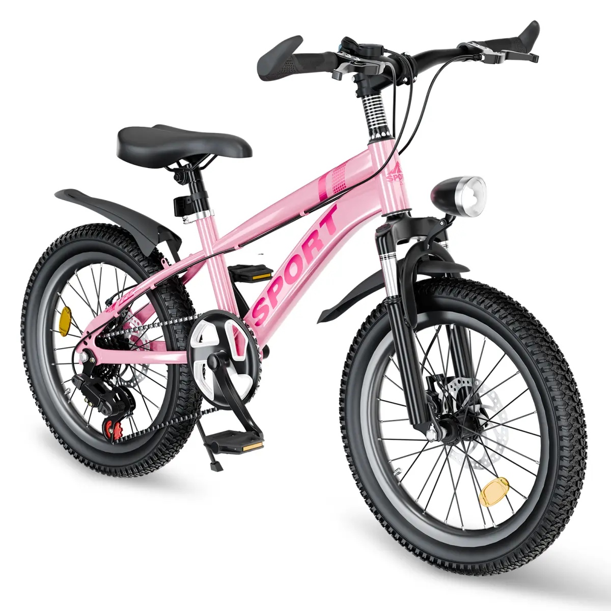 FKZNPJ 20-inch Children's Mountain Bike for Boys & Girls Ages 7-12 - 7-Speed Gears, Dual Disc Brakes, Shock-Absorber Front Fork, LED Light, 27.20 lbs, 54.60 in. - Silver & Pink